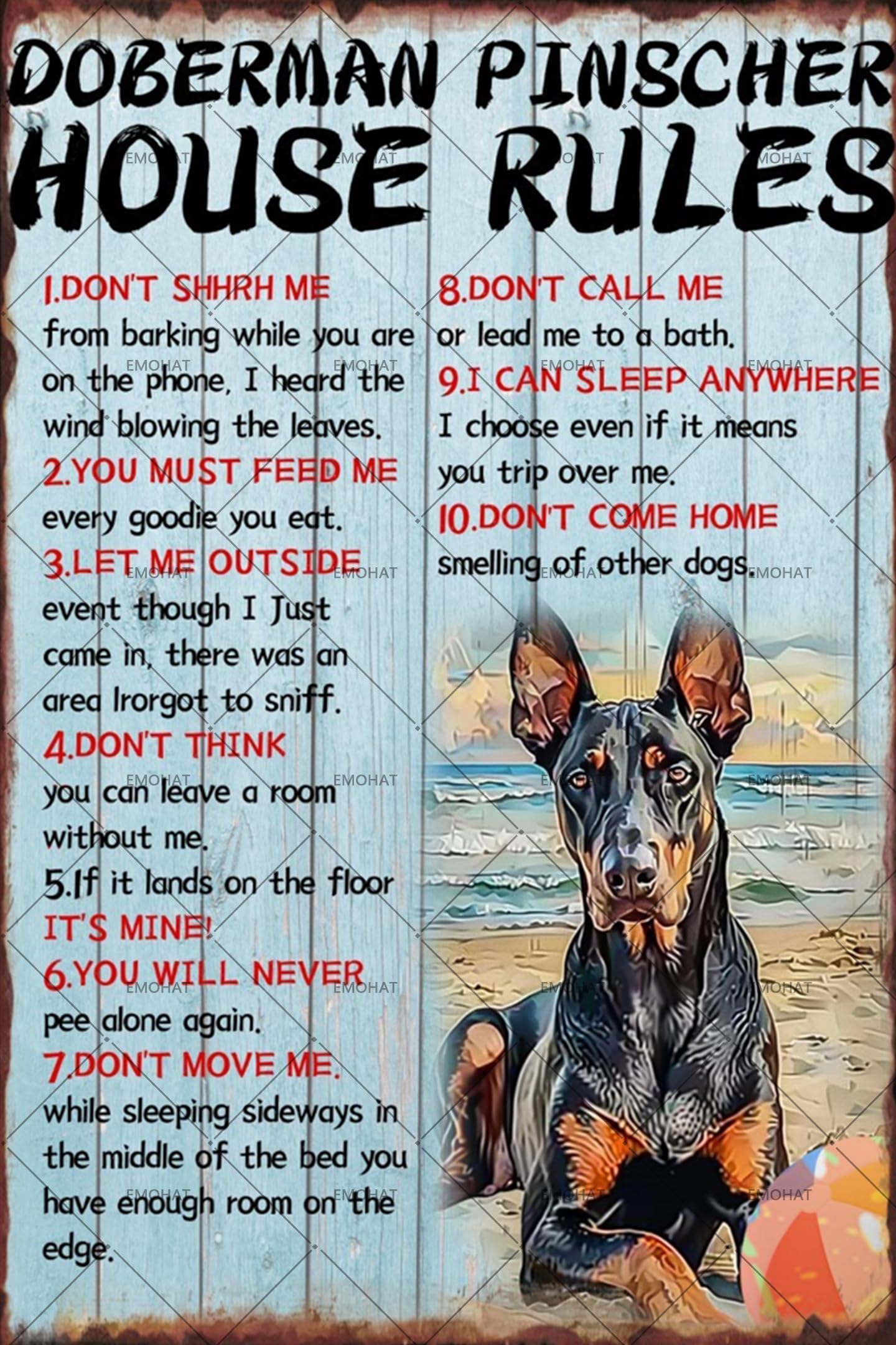 Doberman Pinscher House Rules Metal Tin Sign - Vintage 8x12 Inch Dog Breed Wall Decor for Home,Coffee, Bar, Office, Kennel - Rustic Dog Lover Gift
