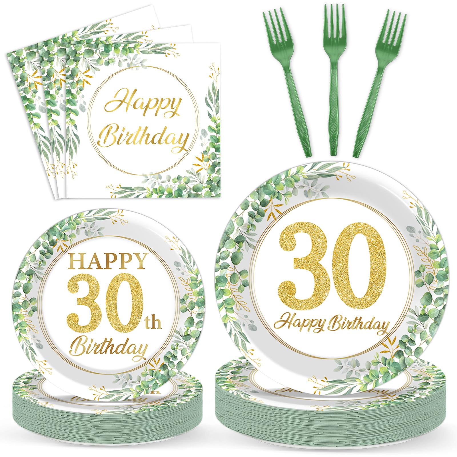 100 Pcs 30th Birthday Decorations Party Tableware Set Greenery Eucalyptus Paper Plates Sage Green Plates Forks and Napkins 30th Birthday Party Decorations for 30 Years Old Women Her Serve 25 Guests
