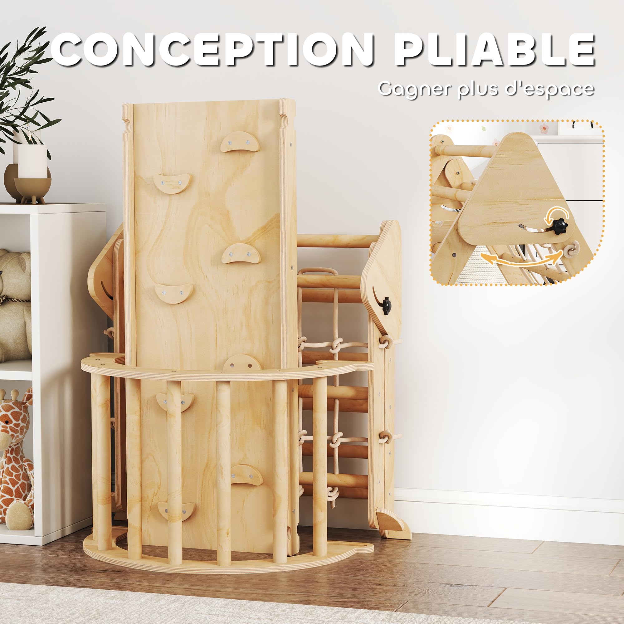 AIYAPLAY 8 en 1 triángulo de Escalada para niños con rampa Doble Cara, Arco de Escalada de Madera álamo con tobogán y Escalera, Carga 50 kg para deslizarse o Escalar bebé de 18 a 48 Meses, Natural