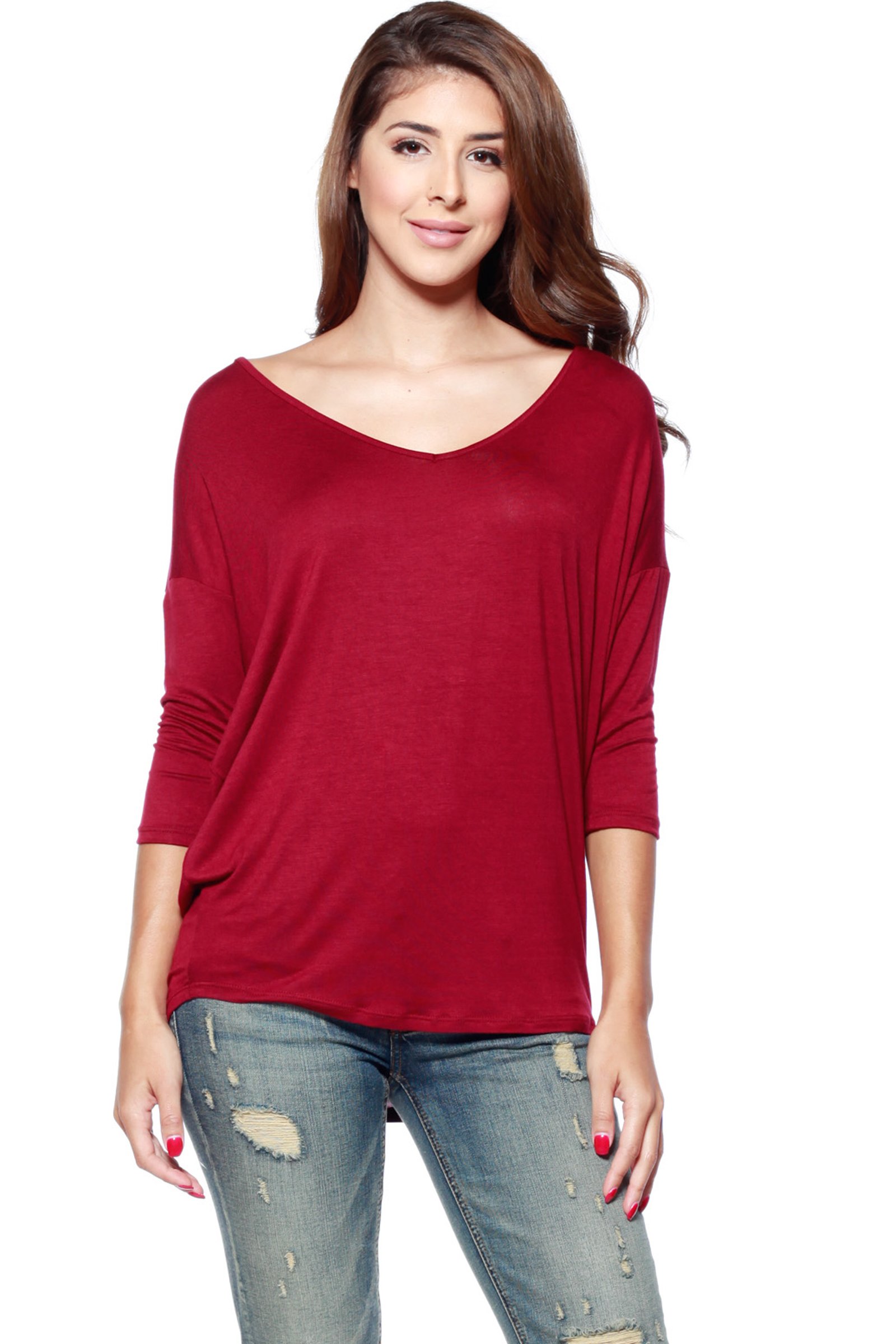 Women’s Soft Knit V-Neck Dolman Tunic Top with ¾ Long Sleeves