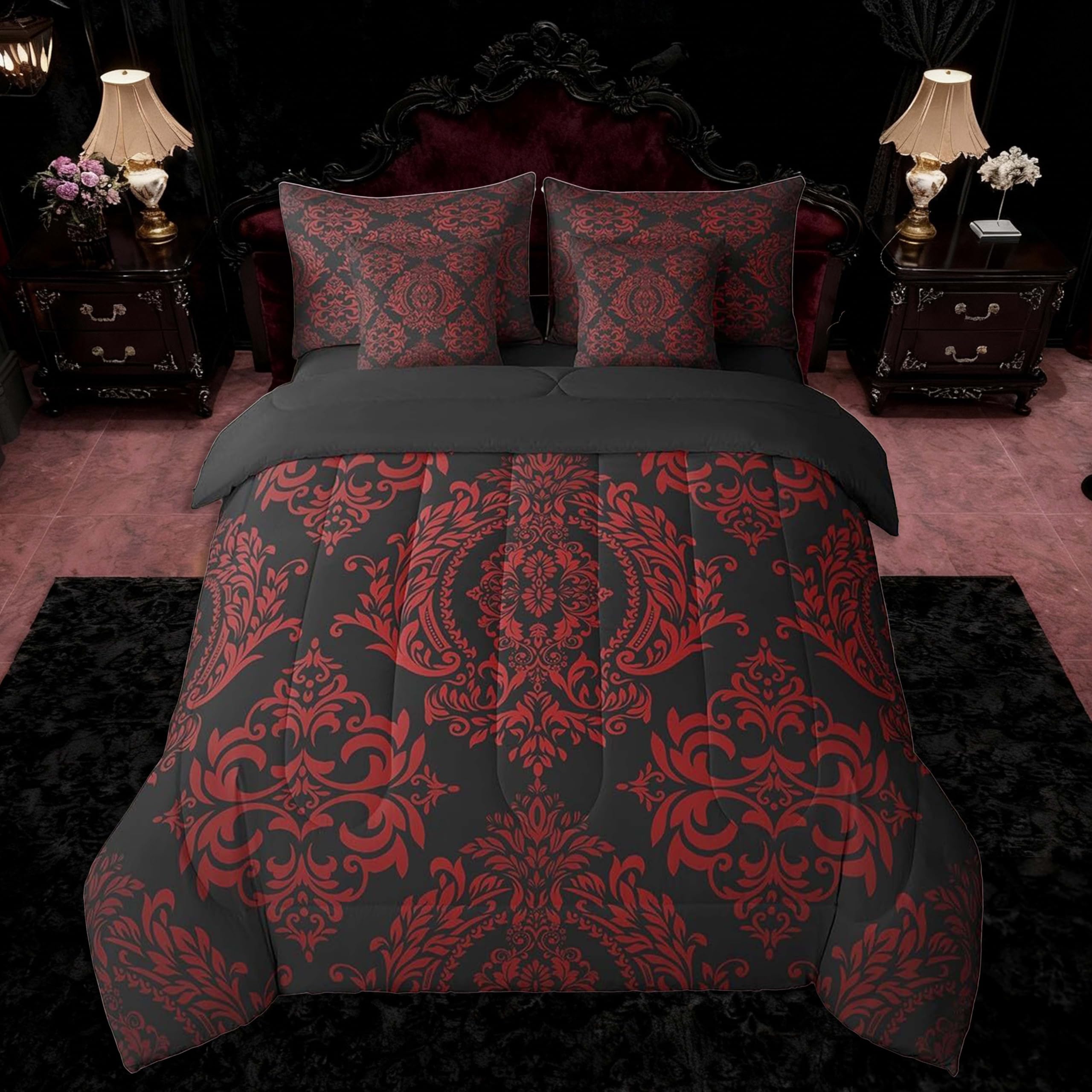 Feelyou Adults Red Vintage Damask Floral Bedding Set Oriental Antique Comforter Set 7 Pieces Comforters King Size Gothic Bohemia Boho FlowerBohemian