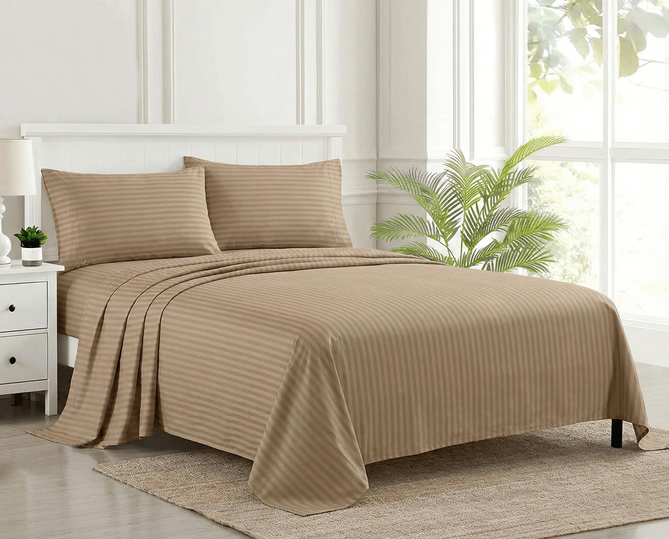 Trance Home Linen 100% Cotton 200 TC Satin Stripe King Size Bedsheet with 2 Pillow Covers | Fade-Resistant, Soft & Hypoallergenic |Flat Bedspread for King Size Mattress - (108 x 108 inch, Brown Grey)-picture-18