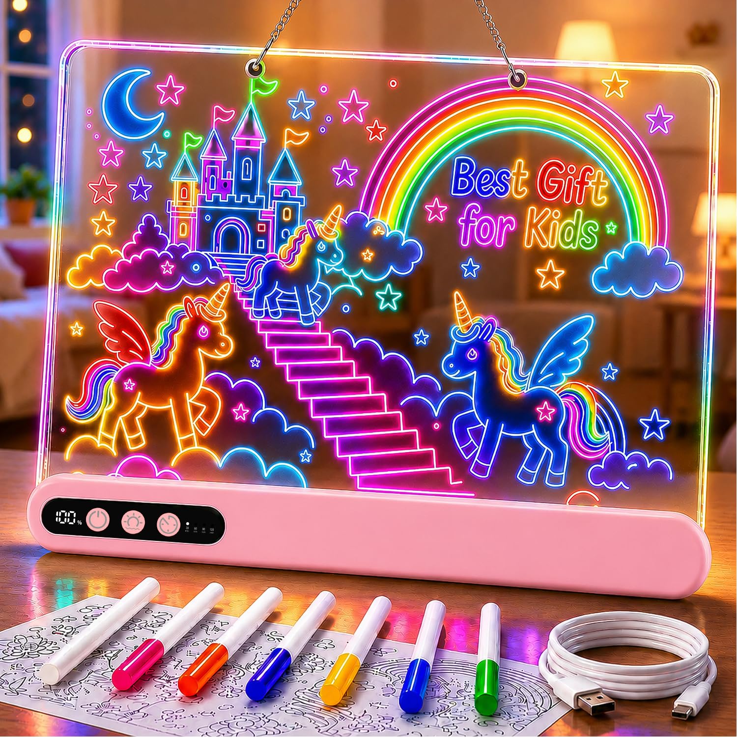 Led Drawing Board with 14 Light Effects,16" Rechargeable Glow Doodle Led Note Board with Colorful Markers,Neon Art Dry Erase Doodle Glow Drawing Tablet,Chritmas Birthday Festival Gifts for Kid (Pink)