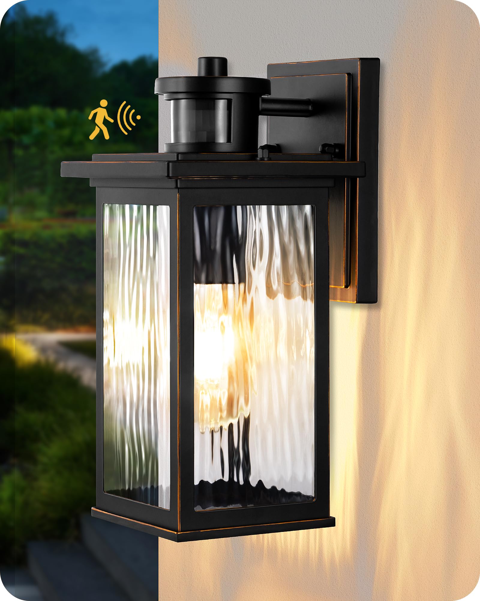 EDISHINE Motion Sensor Outdoor Wall Lights, Dusk to Dawn Exterior Lighting Fixtures Porch Light Wall Mount Sconces with Clear Water Ripple Glass, Outside Wall Lantern Lamp for House Garage, Black