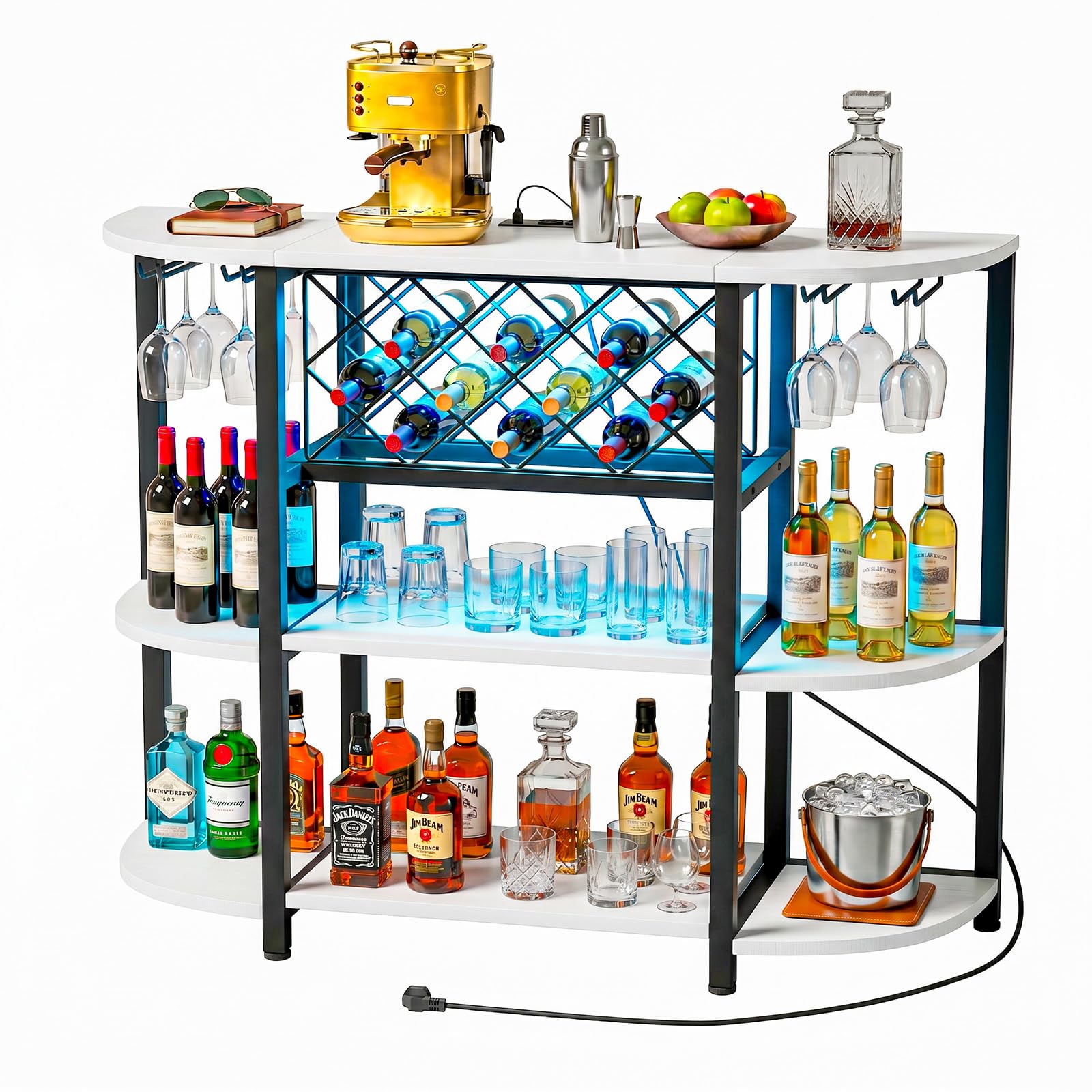 Homieasy Mobile Bar con LED, Prese e Portabottiglie | In Legno e Metallo, 120x40x91cm, Per Soggiorno e Cucina
