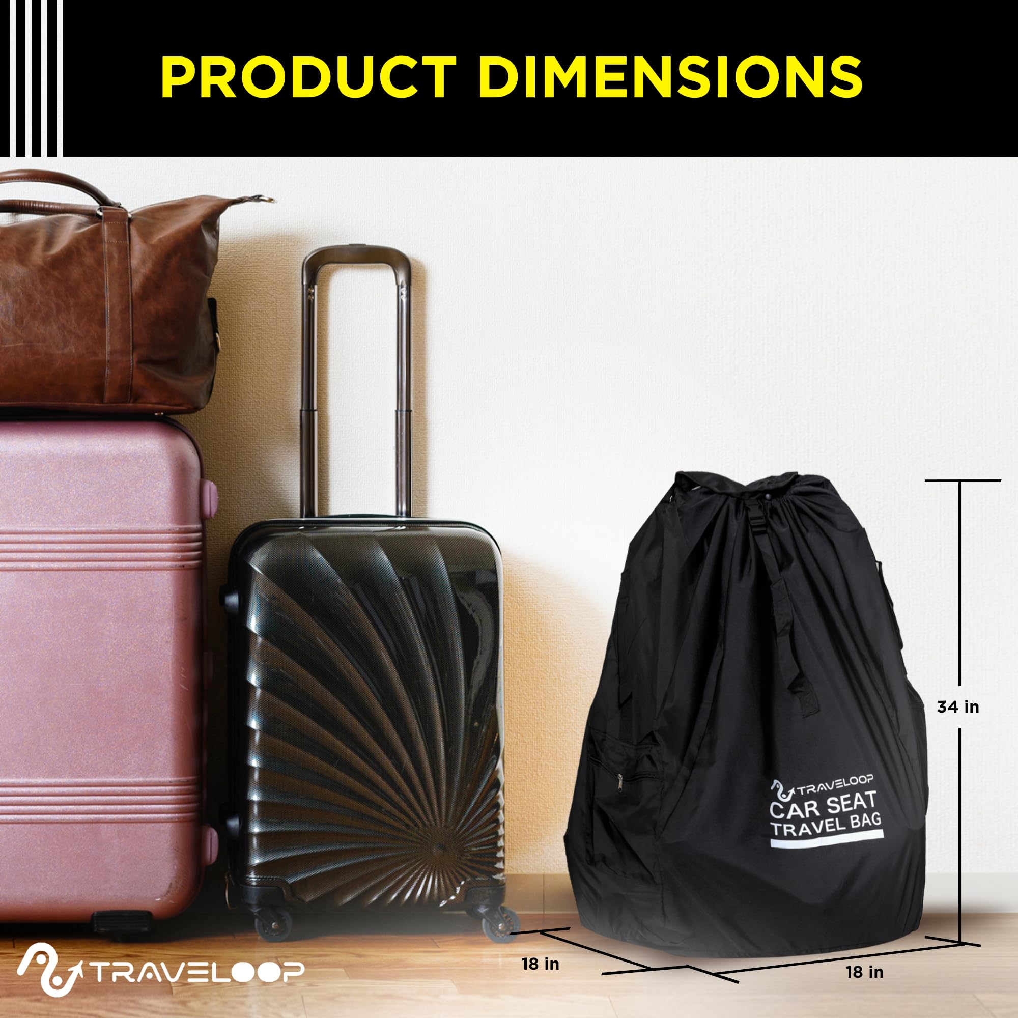 TRAVELOOP Car Seat Travel Bag for Airplane – Secure Double-Closure Travel Car Seat Bag – Gate Check Bag for Car Seats with Padded Shoulder Straps, Rubberized Carrying Handle & Storage Pouch (Black)