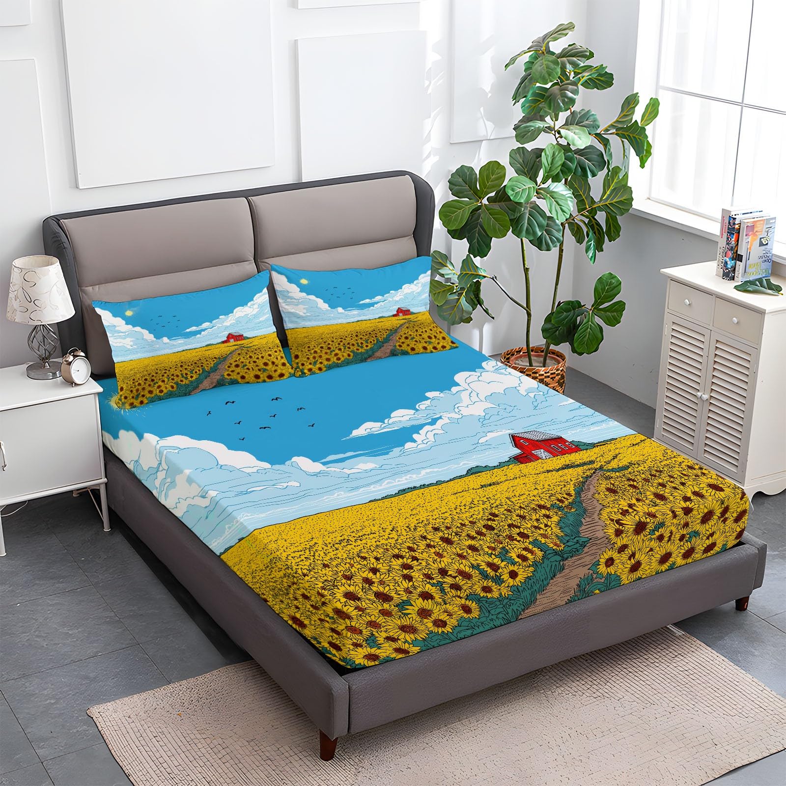180 x 200 cm Drap Housse Microfibre, Champ Tournesols Dessin Animé Imprimé Parure De Lit Doux Élastique Drap Housse 30 cm Profonde pour Matelas Epais - Convient à Toutes Les Saisons, Jaune Bleu