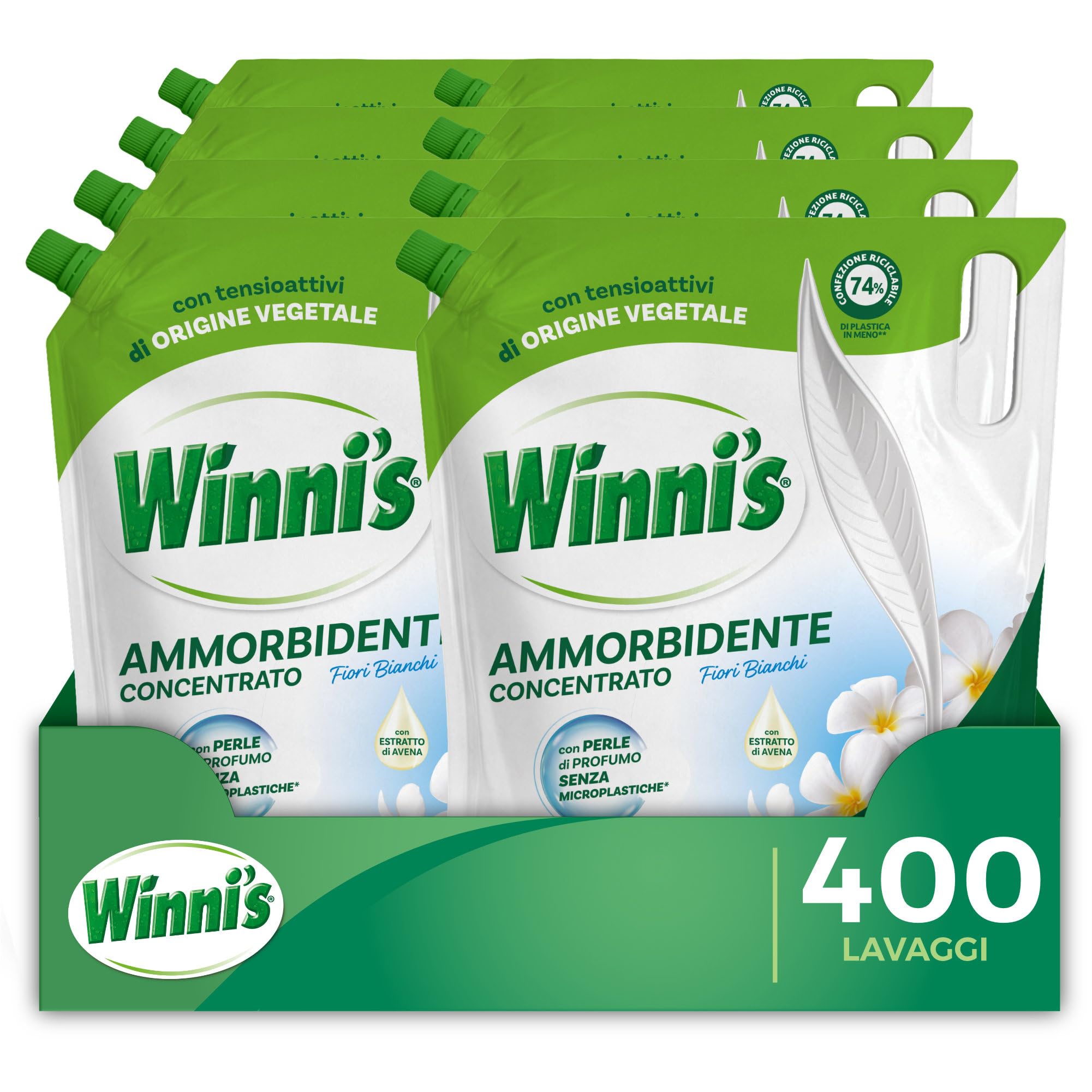 Winni's - Ammorbidente Lavatrice Ipoallergenico Concentrato Ecoformato, 400 Lavaggi, Fragranza Fiori Bianchi, Con Perle di Profumo Biodegradabili, 1250 ml x 8 Confezioni