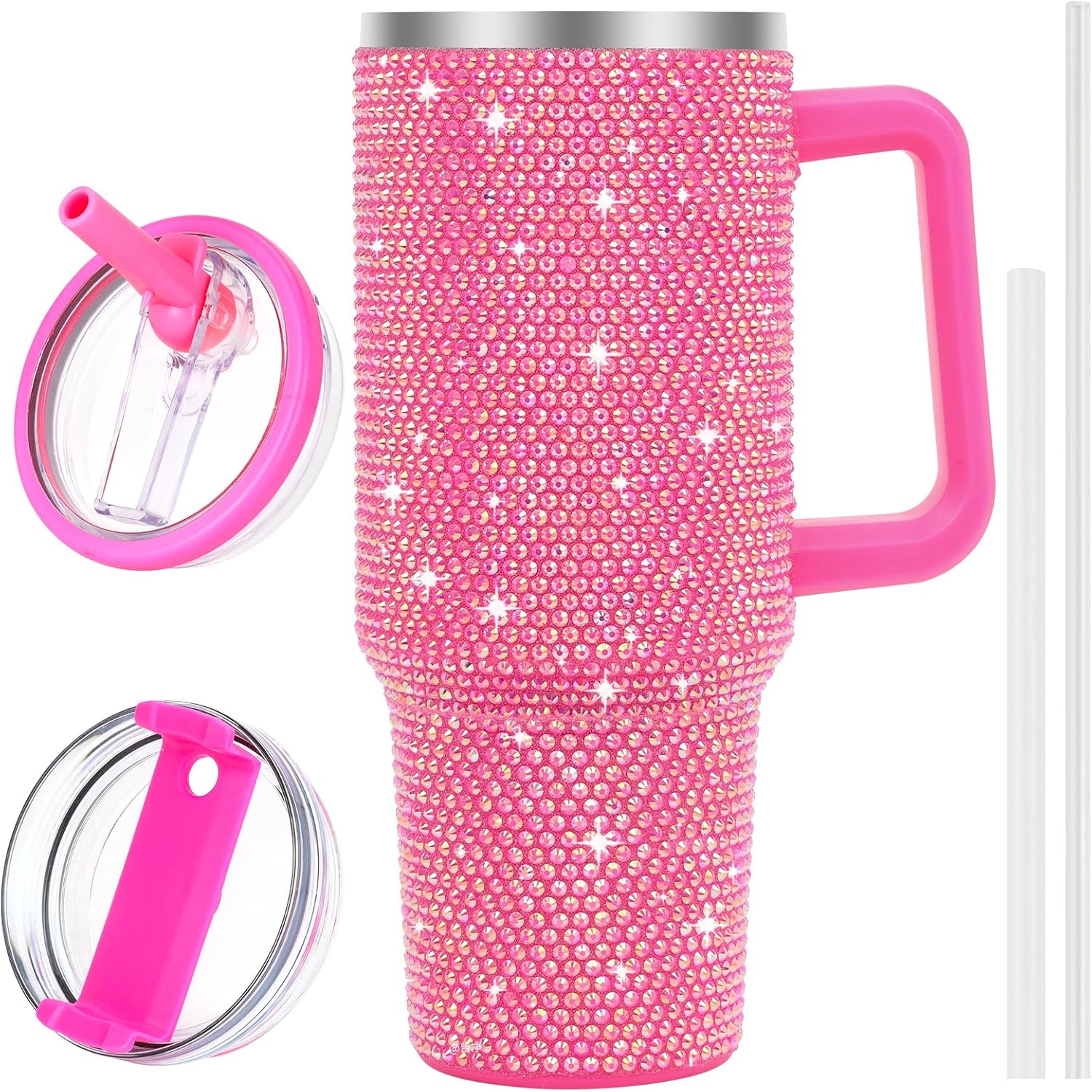 QDXMD 40 oz Tumbler with Handle and Flip Straw Lid, Insulated Leak Proof Double Walled Stainless Steel Rhinestone Diamond Studded Bling Travel Mug Tumblers, Maintains Cold Ice and Heat for Hours