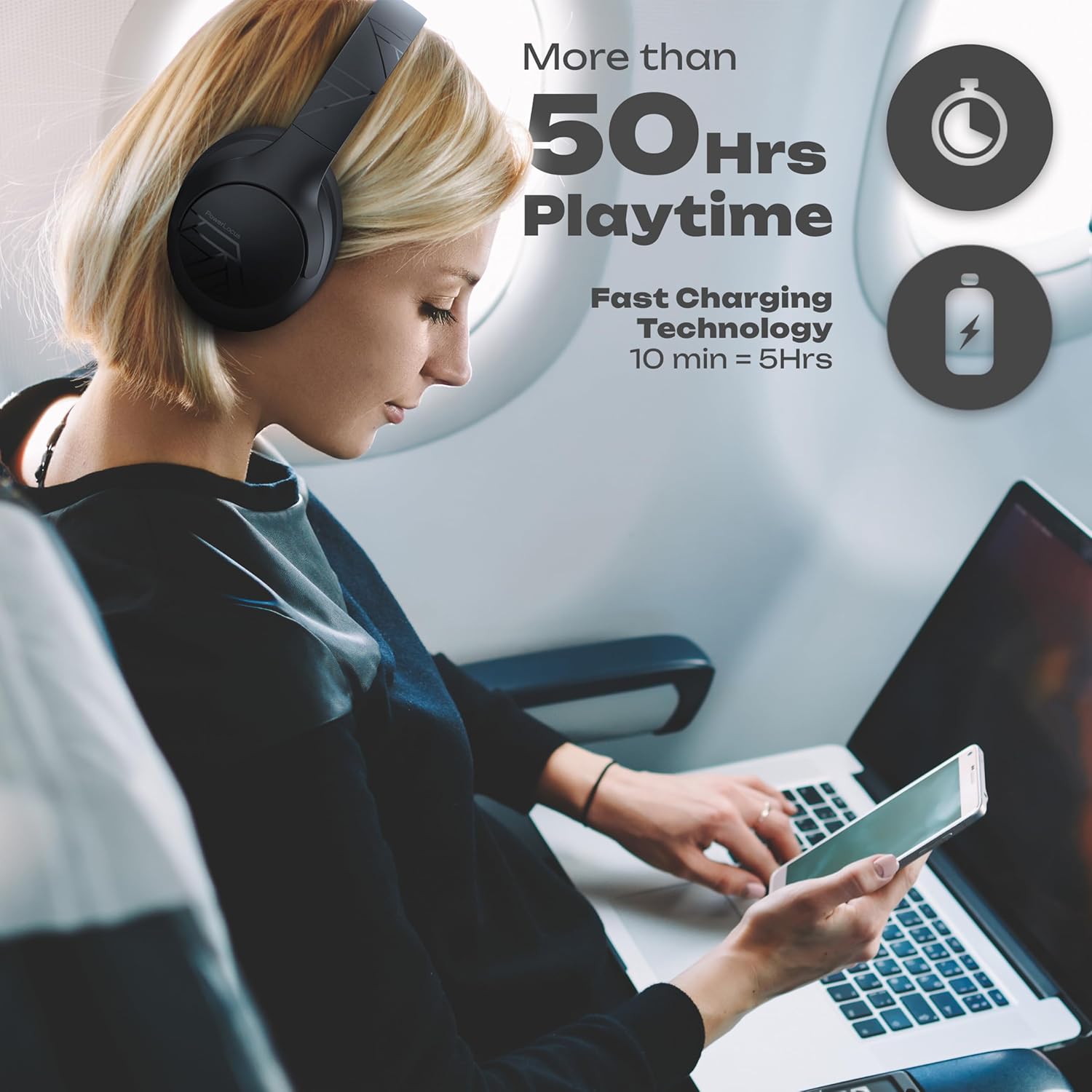 PowerLocus Bluetooth Headphones Over Ear, 50H Playtime with 4 EQ Modes Wireless Headphones with Microphone, HiFi Stereo Deep Bass, Soft Ear Cups, Foldable Lightweight Headset for Travel/Office/Workout - Image 4