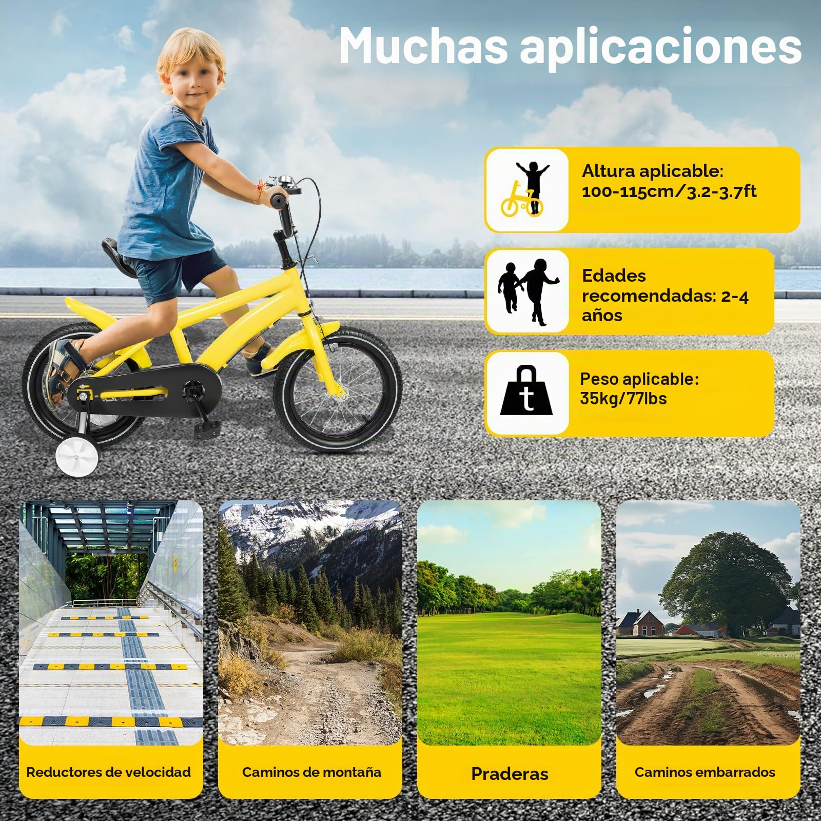 Bicicleta infantil de 14 pulgadas, para niños y niñas de 3 a 6 años, altura regulable, bicicleta para niños con ruedas estabilizadoras y sistema de frenado dual (amarillo)