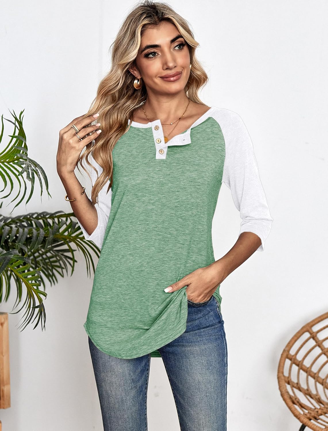Halife Women's Casual 3/4 Sleeve T Shirts Button V Neck Tunic Blouses Color Block Basic Tee Tops Loose Fit Summer Shirt - Image 2