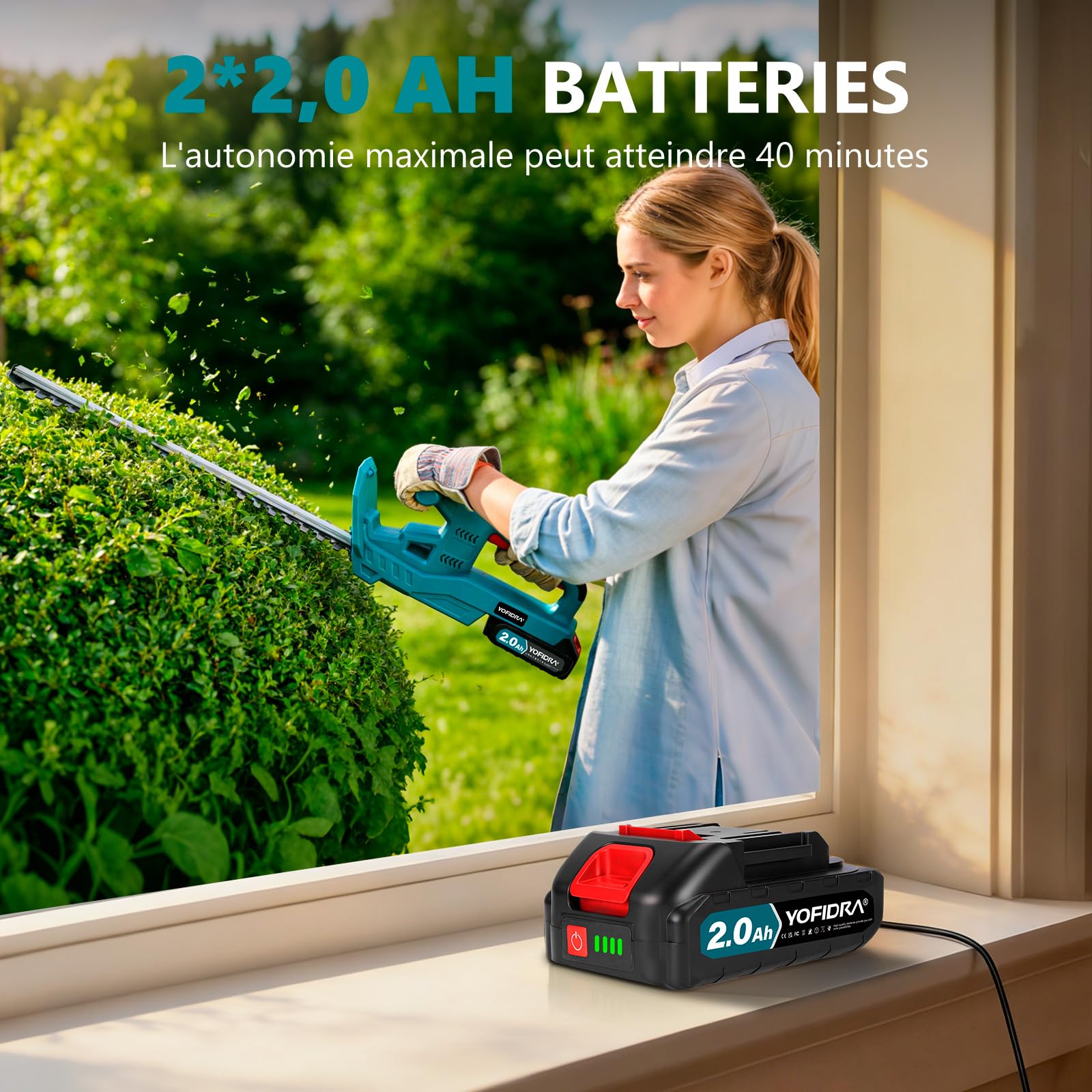 Yofidra Taille Haie Batterie, avec 2 Batteries 2.0Ah, 50cm Coupe Longueur | Taille-Haie Électrique sans Fil, Lames Double Action 15mm, Taille Haie Léger avec Housse de Protection