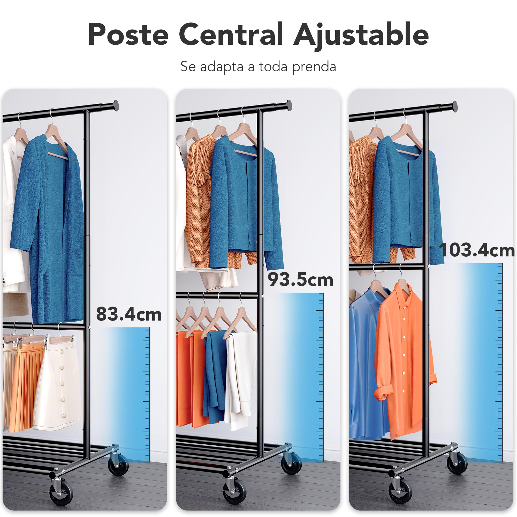 HOKEEPER Burro de Ropa Resistente de Doble Barra con Ruedas, 209kg, Altura Ajustable y Barra Extensible, Armario Móvil para Dormitorio, Boutique