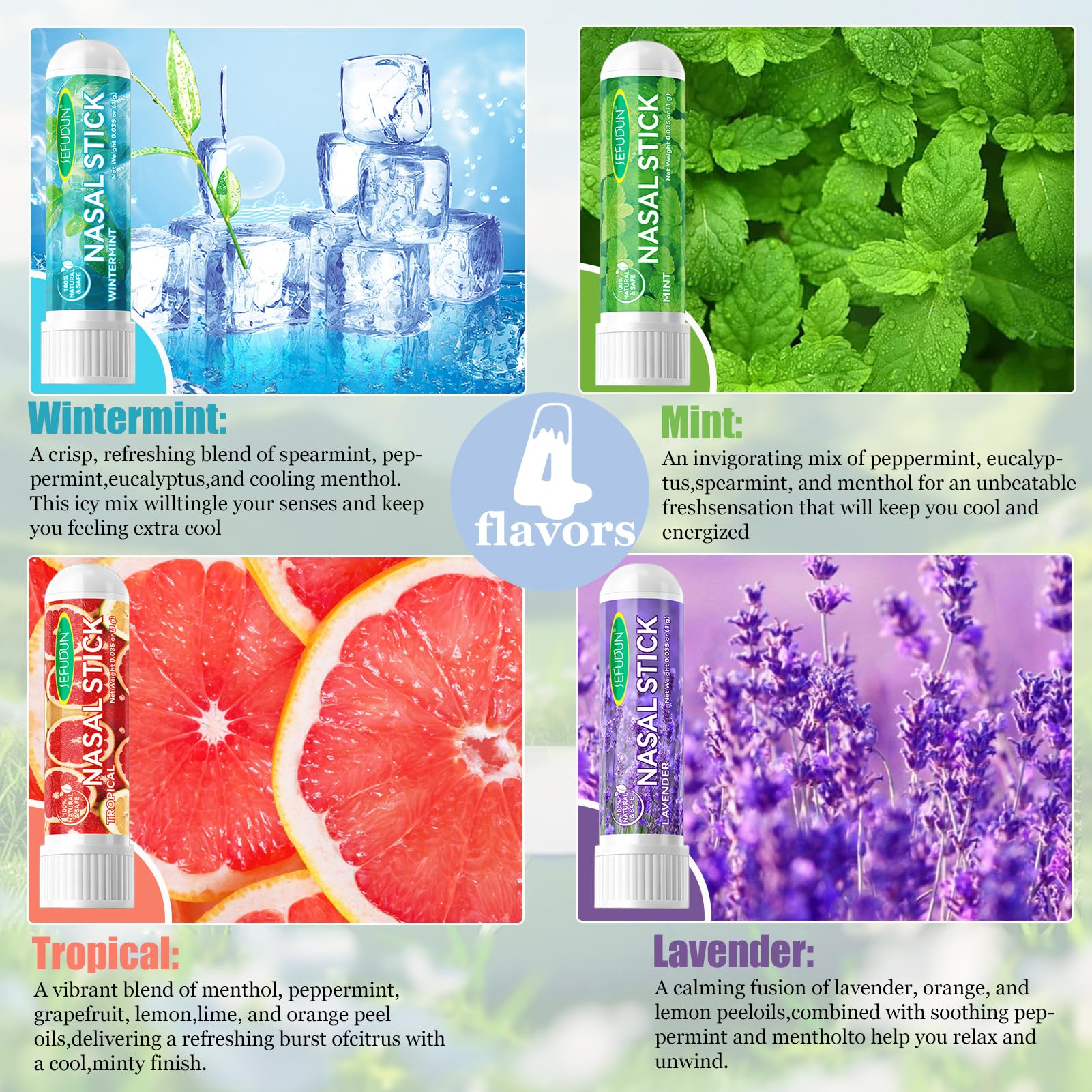 Nasal Stick 4 Pack, Bastone Nasale Agli Oli Essenziali, Inalatore Nasale per Aromaterapia Alla Menta, Rapido Sollievo dal Naso Chiuso,Effetto Fresco Lenitivo,Migliora la Concentrazione