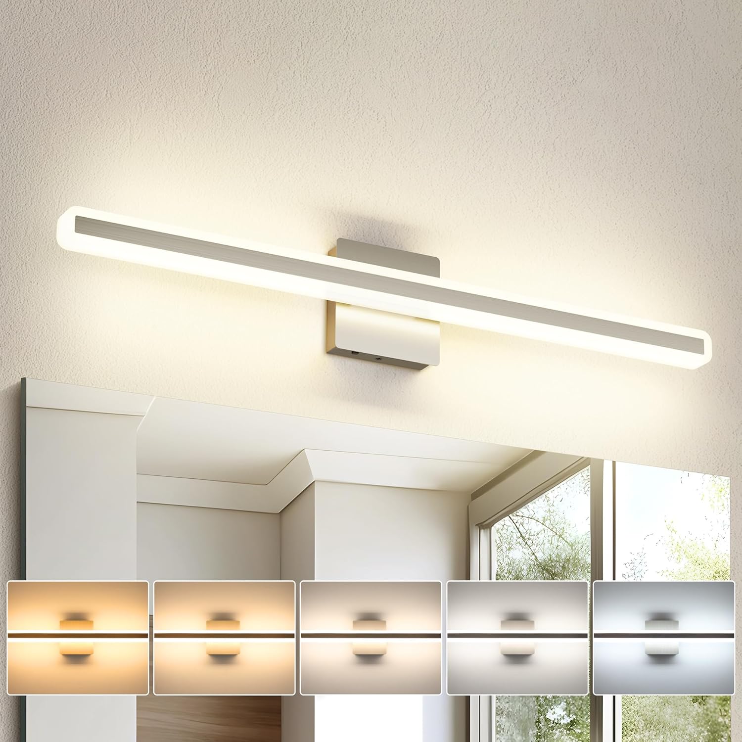 JUSHENG Brushed Nickel Vanity Lights for Bathroom, 5CCT Dimmable Vanity Light Bar, Modern LED Bathroom Lighting Fixtures Above Mirror 32'' Inch 24W Brushed Nickel-5CCT 31.5'' Inch