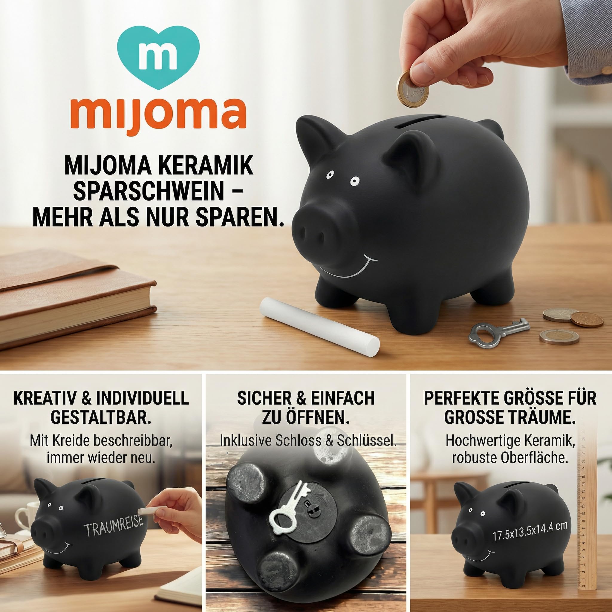 MIJOMA Salvadanaio in ceramica con superficie lavagna, include gesso, serratura con chiave, 17,5 x 13,5 x 14,4 cm, colore: nero
