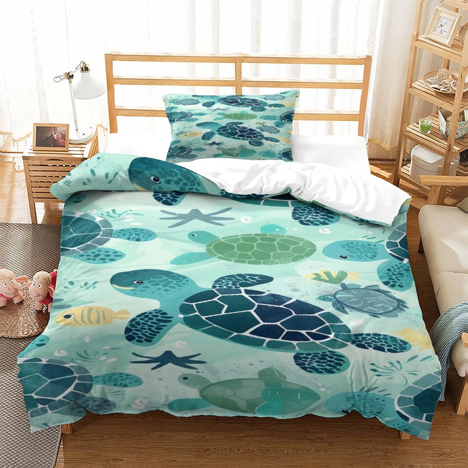 P1s9u7w5y Sea Turtle-4 Ocean Style 3D Printed Turtle Duvet Cover Set 3Pcs Microfiber Aquatic Bedding Set Single（135X200cm）