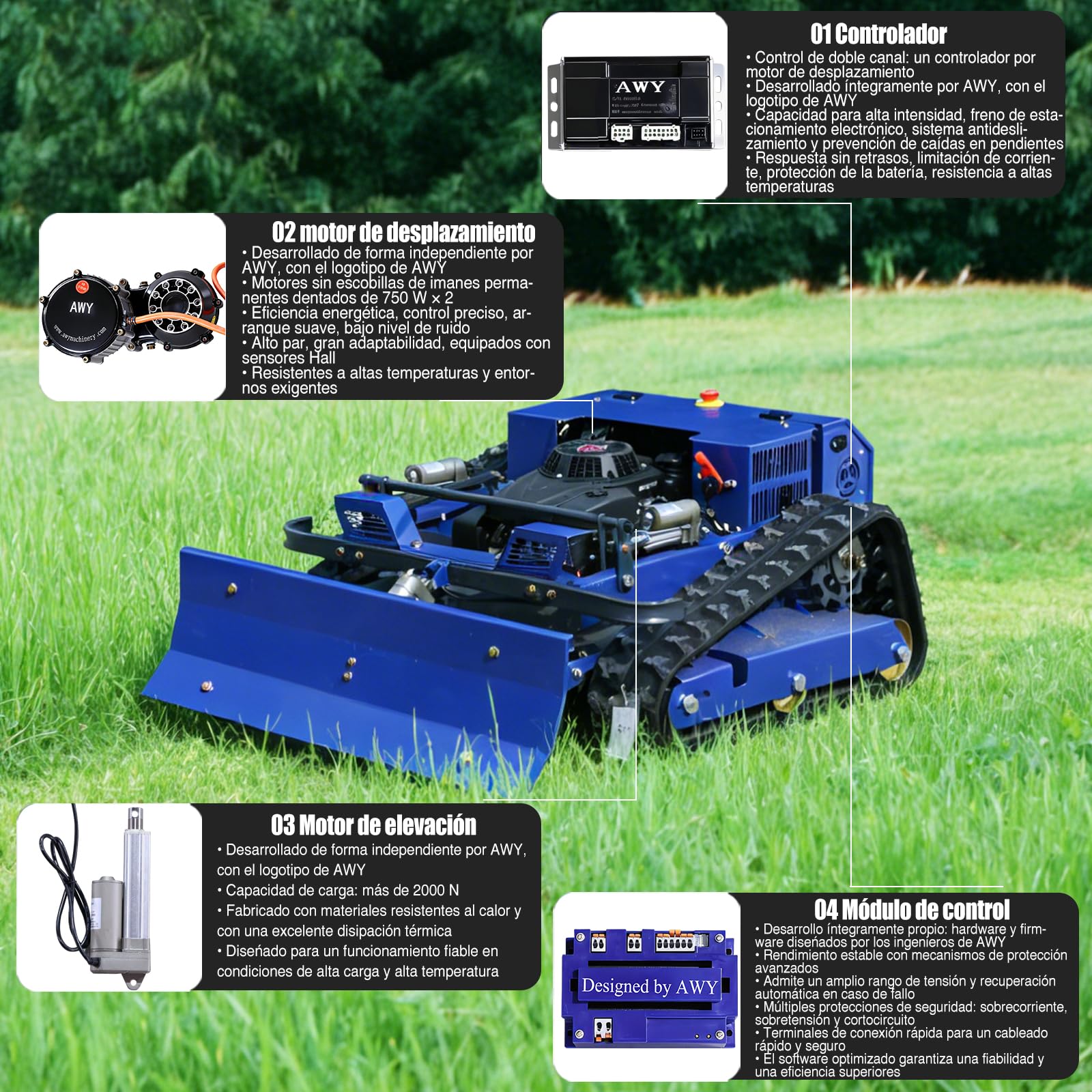 Cortacésped con control remoto, cortacésped de oruga híbrido de aceite y electricidad, altura de corte de 2,8-15 cm, cortacésped profesional para paisajes y fincas para césped de pendiente