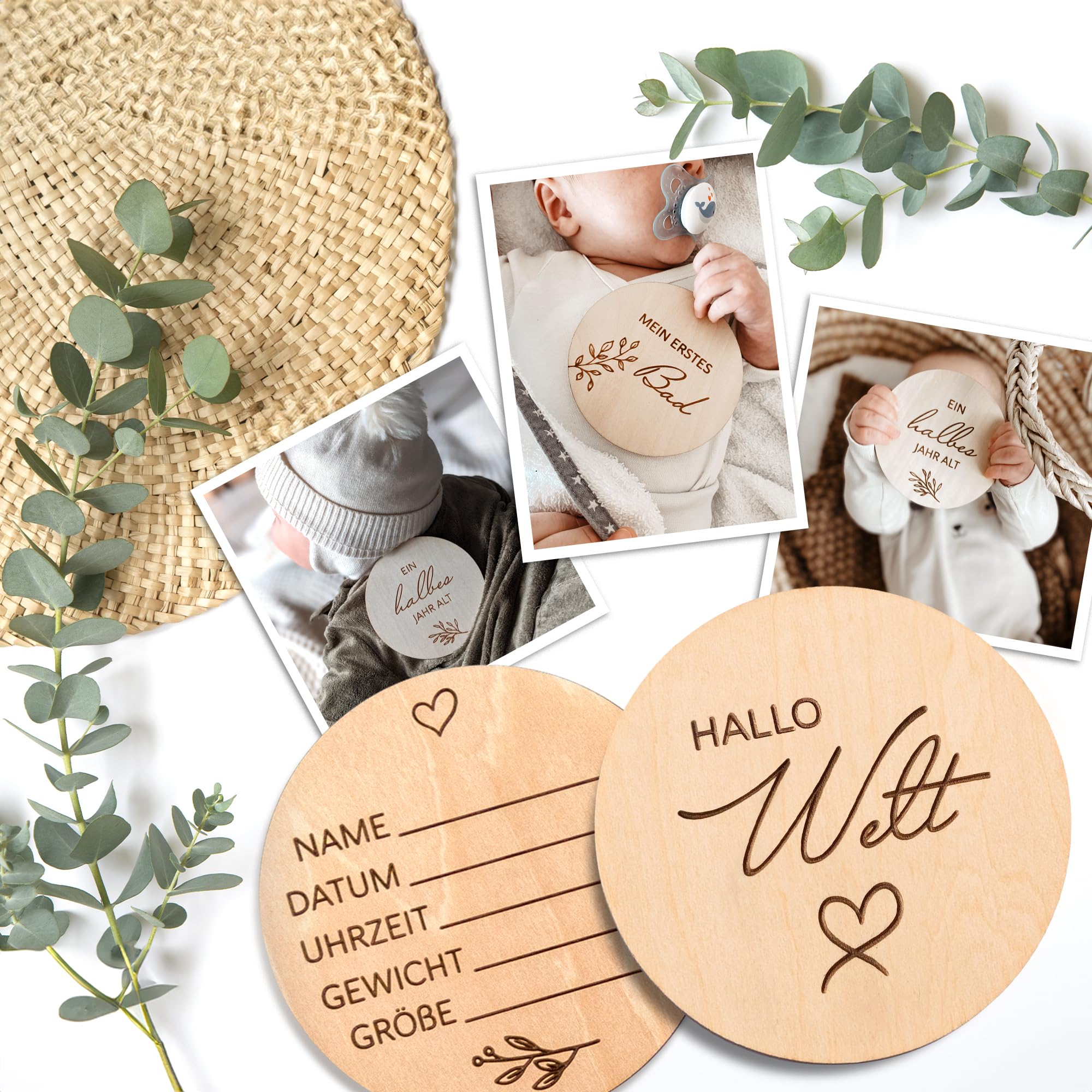 Holz Meilensteinkarten Baby auf deutsch - 30 Meilensteine auf edlen Holzscheiben als Geschenk zur Geburt/zur Babyparty für Schwangere, werdende Mütter, werdende Eltern.