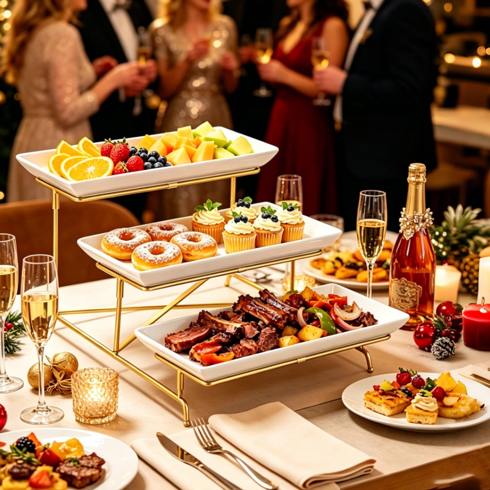 Etagere 3 Etagen, 33x15.6cm Lebensmittelständer mit Weißen Servierplatten mit Zusammenklappbaren Sturdier Stand Buffet Party Zubehör für Party Obst Kekse Torte(Weißgold)