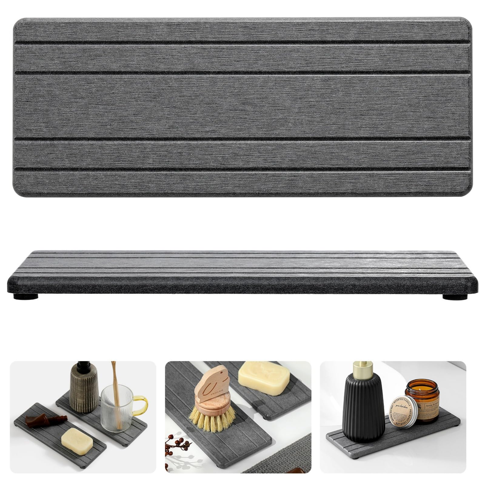 Razborci 2PCS Diatomite Quick Stone Drying Tray Mat For Bathroom & Kitchen Counter, Instant Dry Water Absorbent Drink Bar Coaster,Vanity Sink Caddy Organizer,Dish Soap Sponge Holder, Dark Gray,9"x3.5"