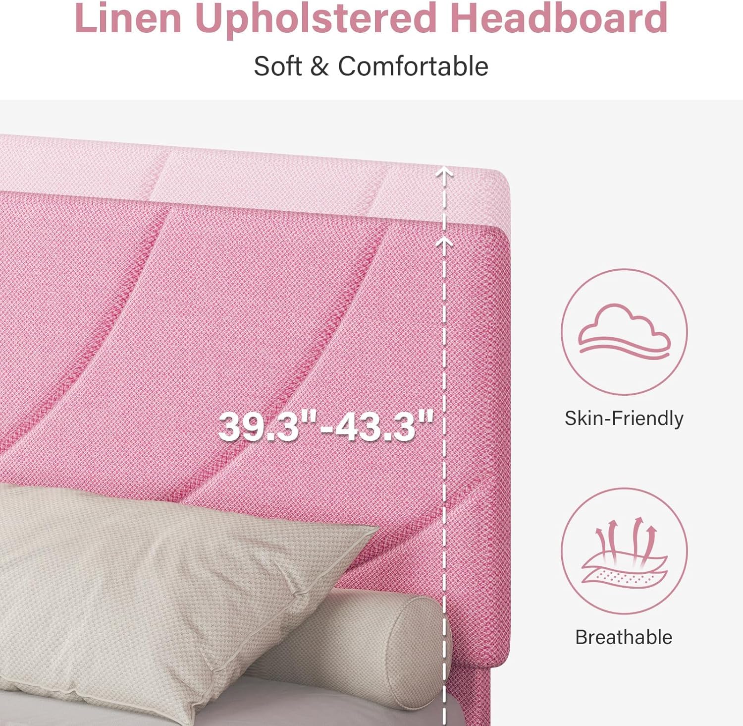 HOMBCK Queen Bed Frame with Headboard, Upholstered Bed Frame Queen Size with Headboard, Linen Fabric, Wood Slat Support, Strong Structure, No Box Spring Needed, Noise-Free, Easy Assembly, Pink