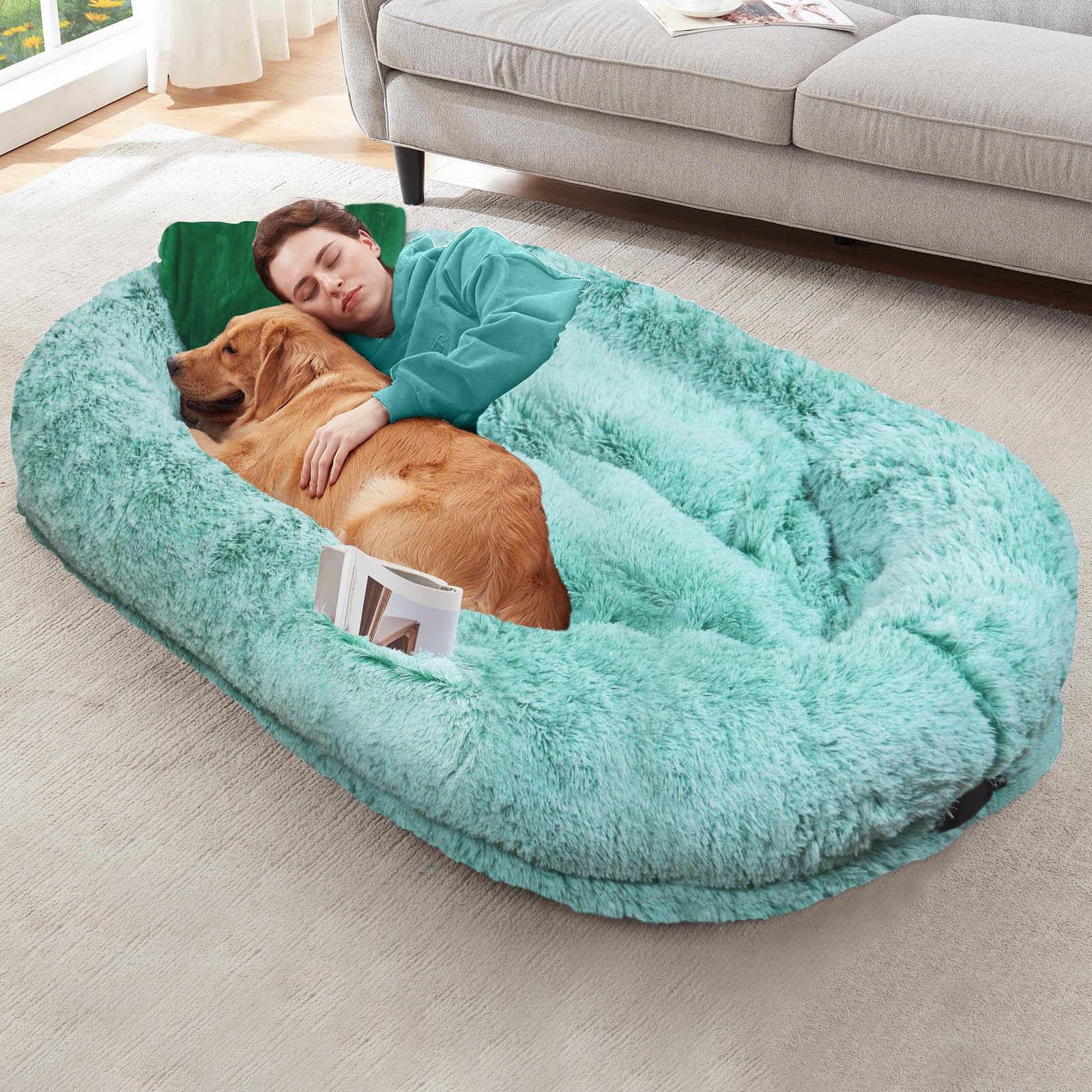 YAEM Human Dog Bed for Adult, 71"x45"x12" Calming Giant Pet Bed, GreenWhite