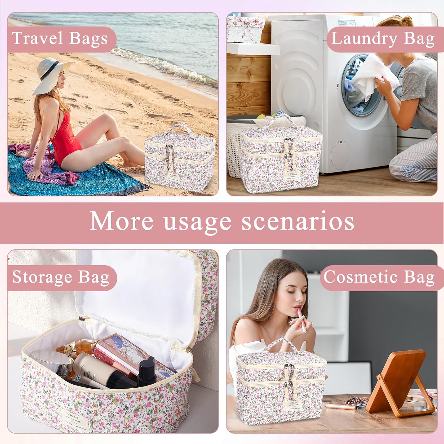 Anfly Makeup Bag, Quilted Cosmetic Bags, Large Floral Make Up Bag for Women, Cute Cotton Makeup Bag 3PC Set, Travel Toiletry Bag (Little Flowers) - Image 5