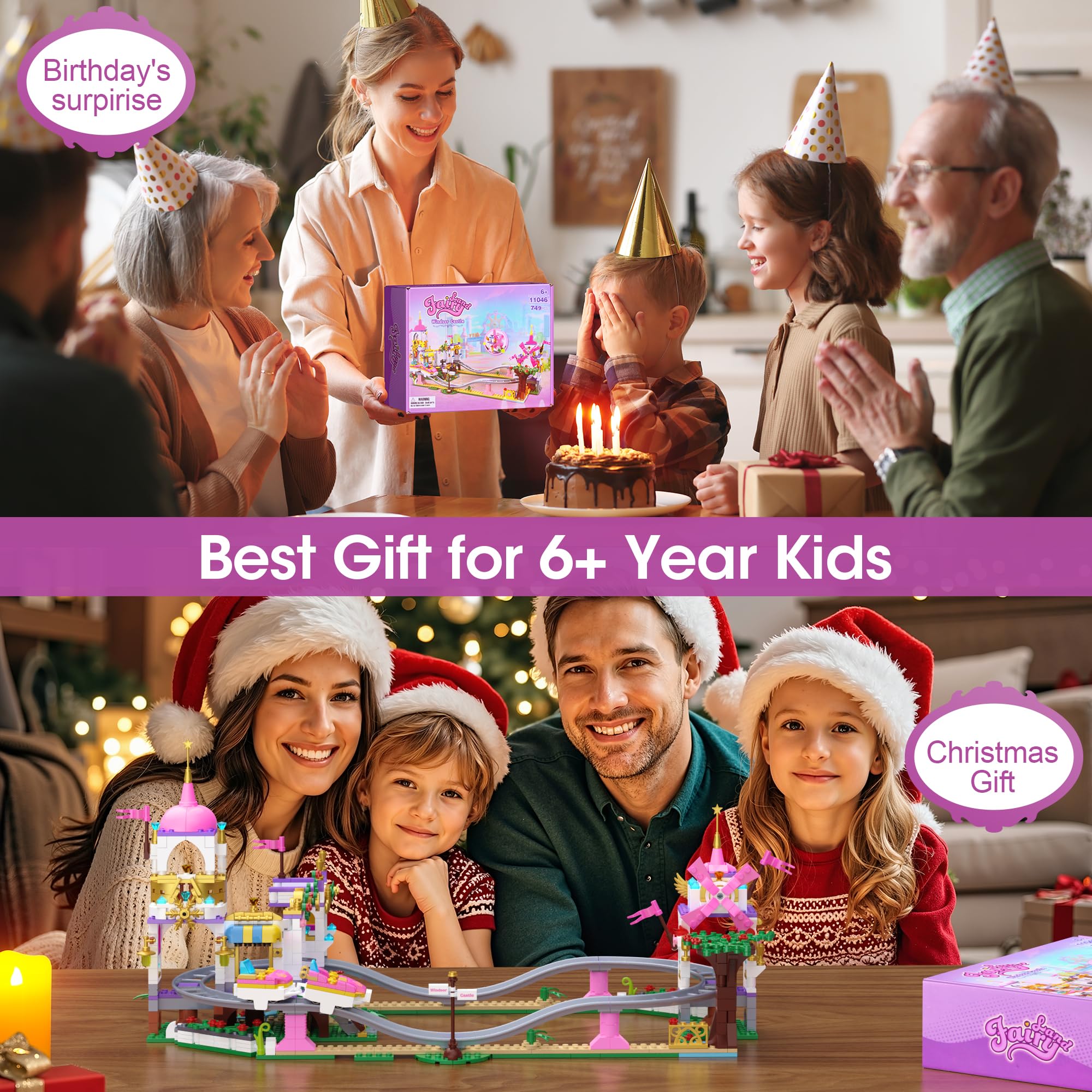 Prinzessin Castillo Montaña Rusa Set de Construcción, 749 PCS Rosa Parque de Atracciones Juguete Carnaval con Casa del Árbol Friends, Molinillo, Regalo para Niñas Chicas de 6+, Pascua, Navidad