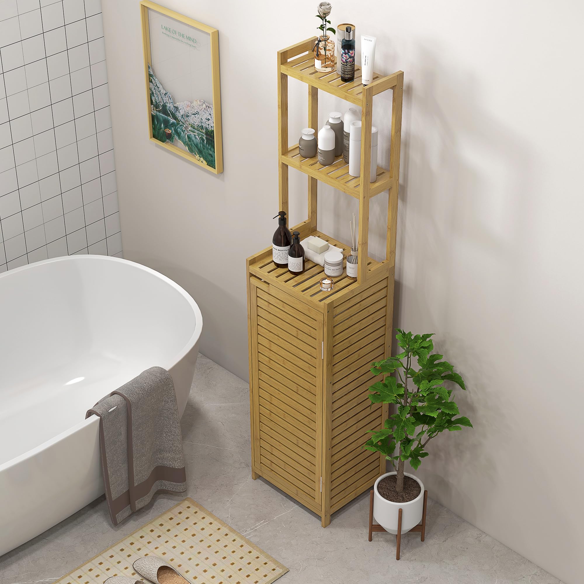 HOMCOM Meuble Colonne Salle de Bain en Bambou 38,5 x 33 x 170 cm Naturel | Armoire Haute, 3 Étagères, Placard 1 Porte, Meuble de Rangement sur Pied