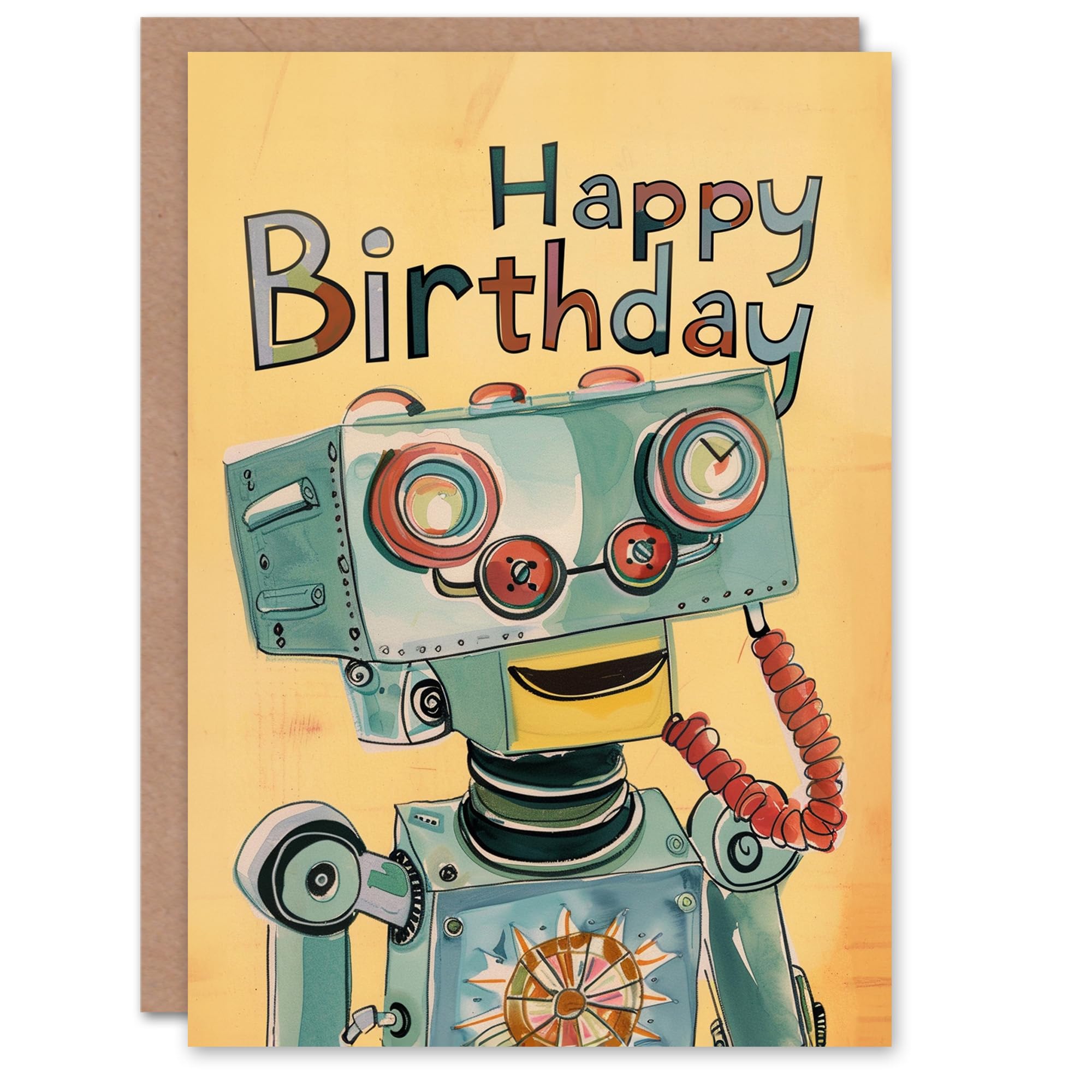 Artery8 Birthday Card Happy Retro Robot Watercolour Painting For Child Kids Son Daughter Greeting Card