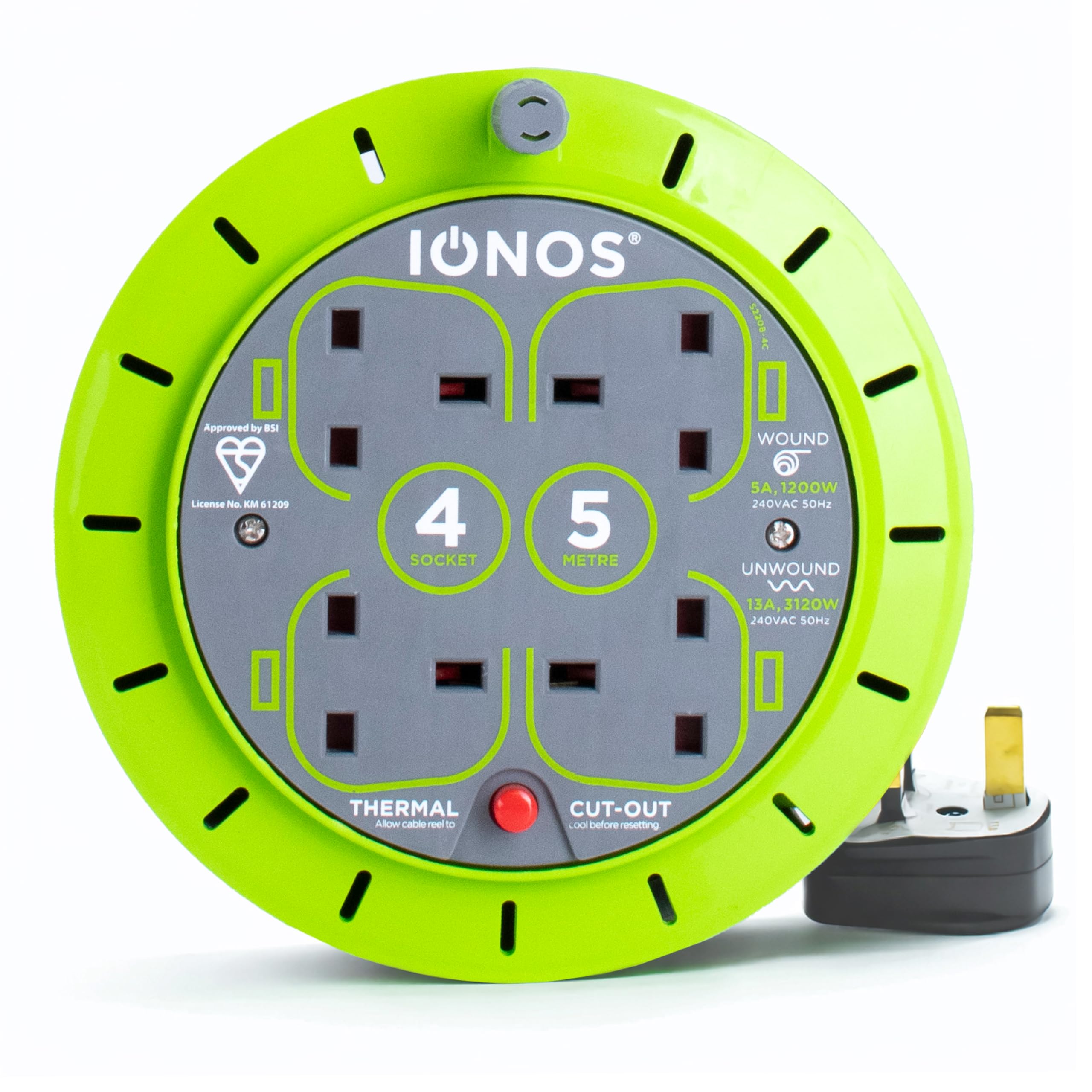 IONOS 4 Socket Cable Reel, 5m, Green, 13 Amp, Thermal Cut Out