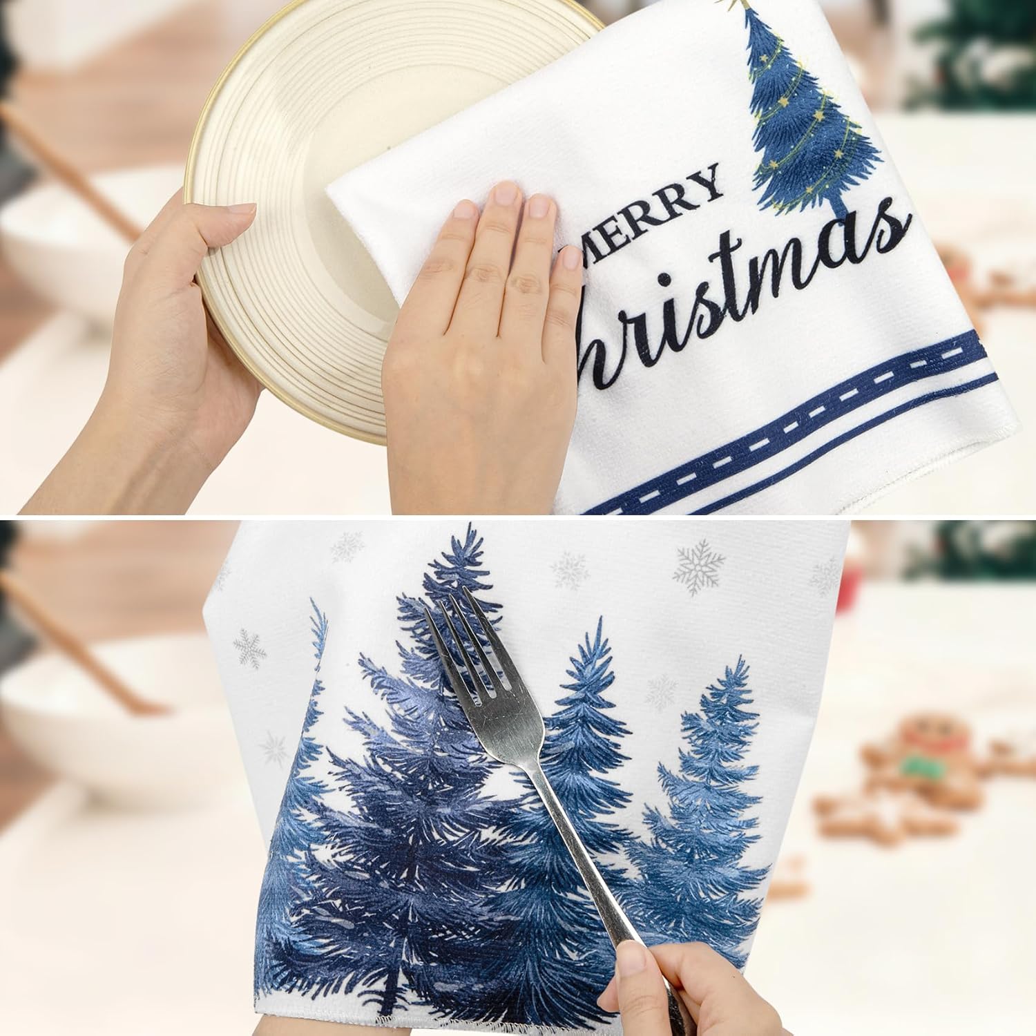 Christmas Kitchen Towels Set of 4, Blue Xmas Tree Snow Hello Winter Merry Christmas Dish Hand Towels, 18x26 Inch Farmhouse Star Snowflake Cleaning for Seasonal Holiday Home Indoor Bathroom Decorations - Image 7