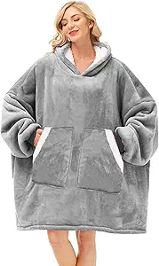 Kipswiza Oversized Wearable Blanket Hoodie, Cozy Fluffy Sherpa Fleece Hooded Blankets Sweatshirt Gifts for Women Men Family Members Friends, Light Grey