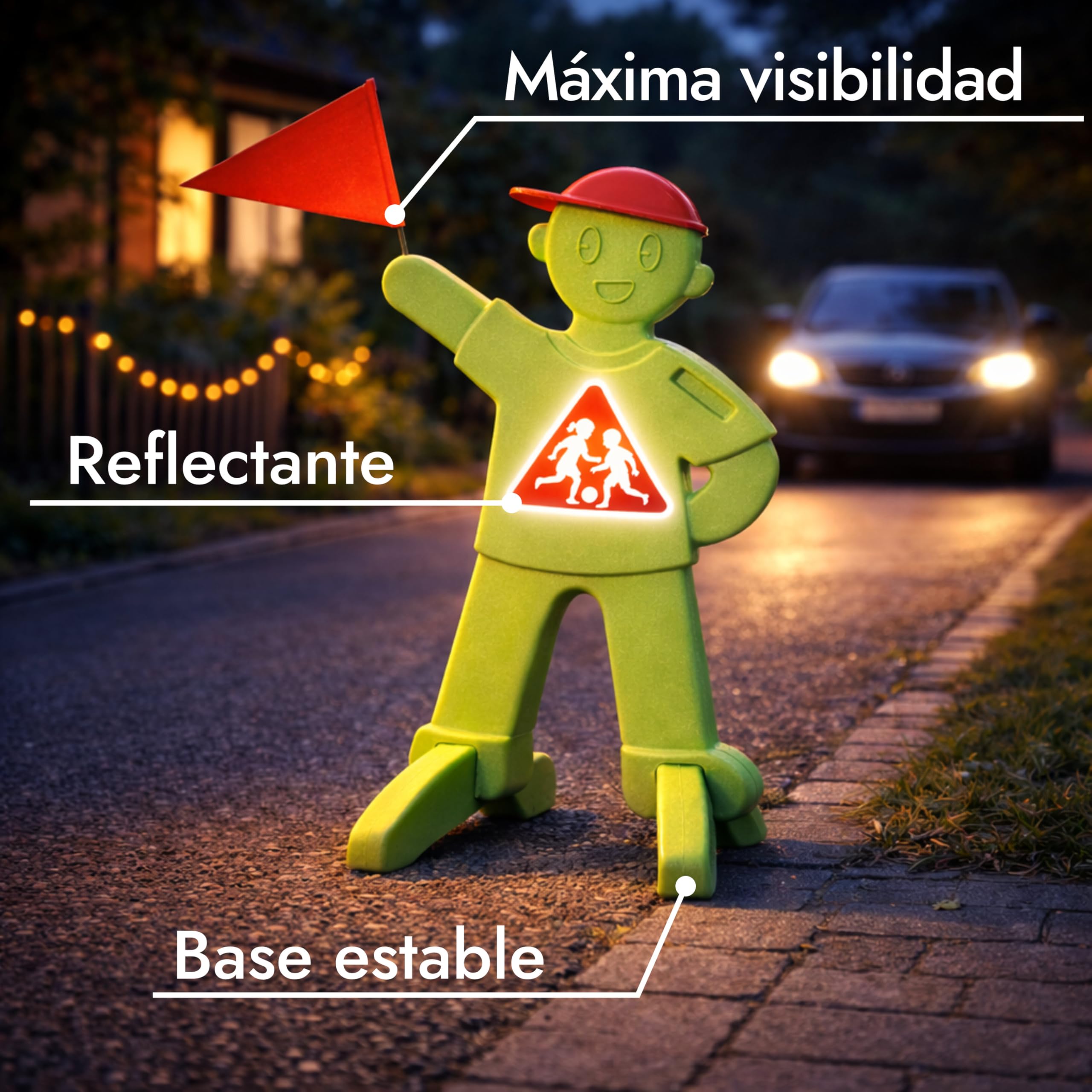 PlaySafe – Figura de advertencia para niños con bandera, señal de advertencia para niños que juegan, soporte reflectante para advertencia de tráfico, conducción lenta (verde)