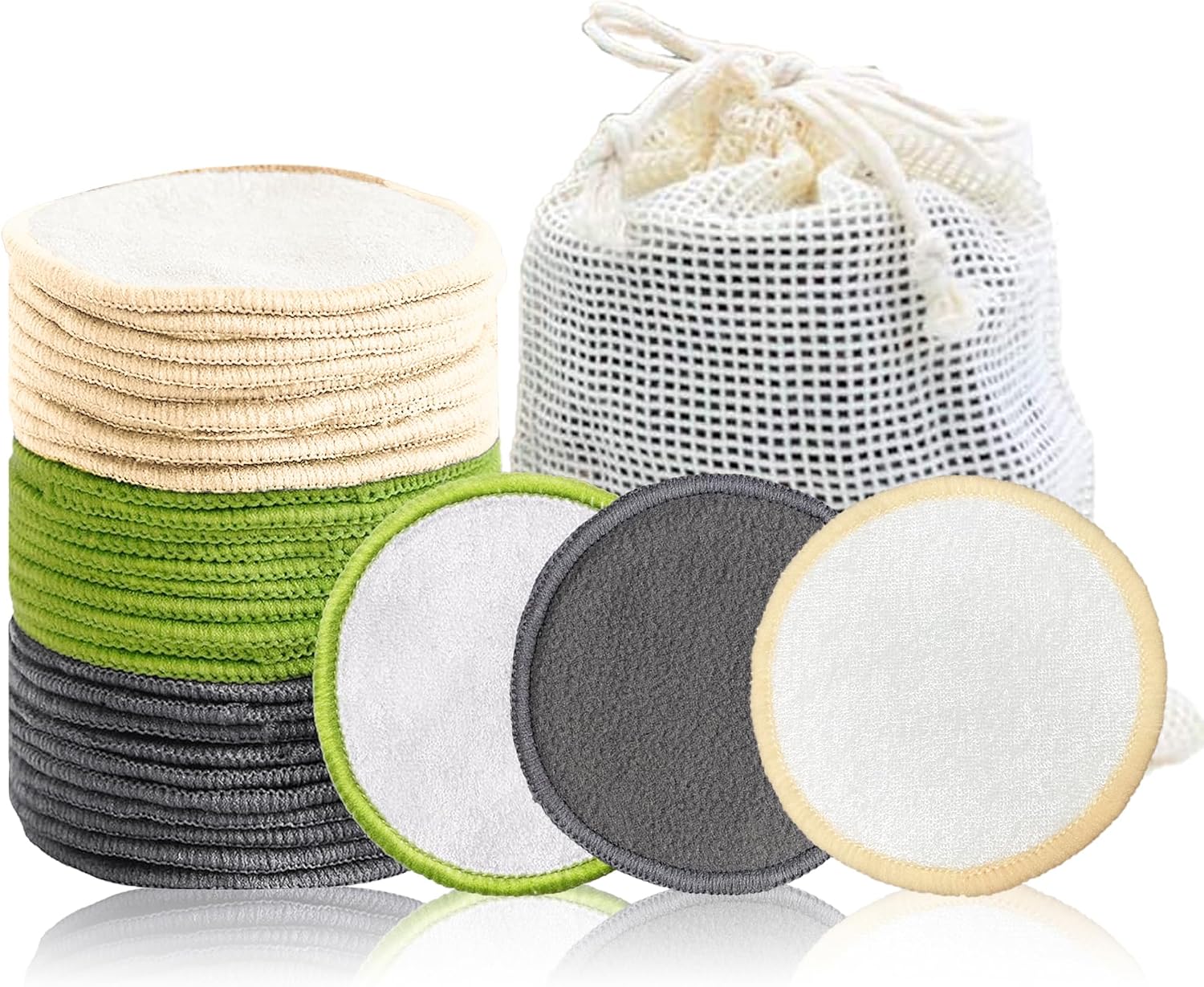 20 Pack Reusable Makeup Remover Pads - Bamboo Reusable Cotton Rounds for Toner, Washable Pads for All Skin Types with Cotton Bag