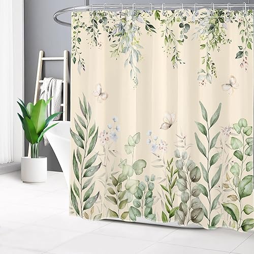 Miniatura 2 de LB Cortina de ducha de hojas de eucalipto verde salvia, hojas de acuarela, mariposa, beige, cortina de ducha de baño con plantas naturales,