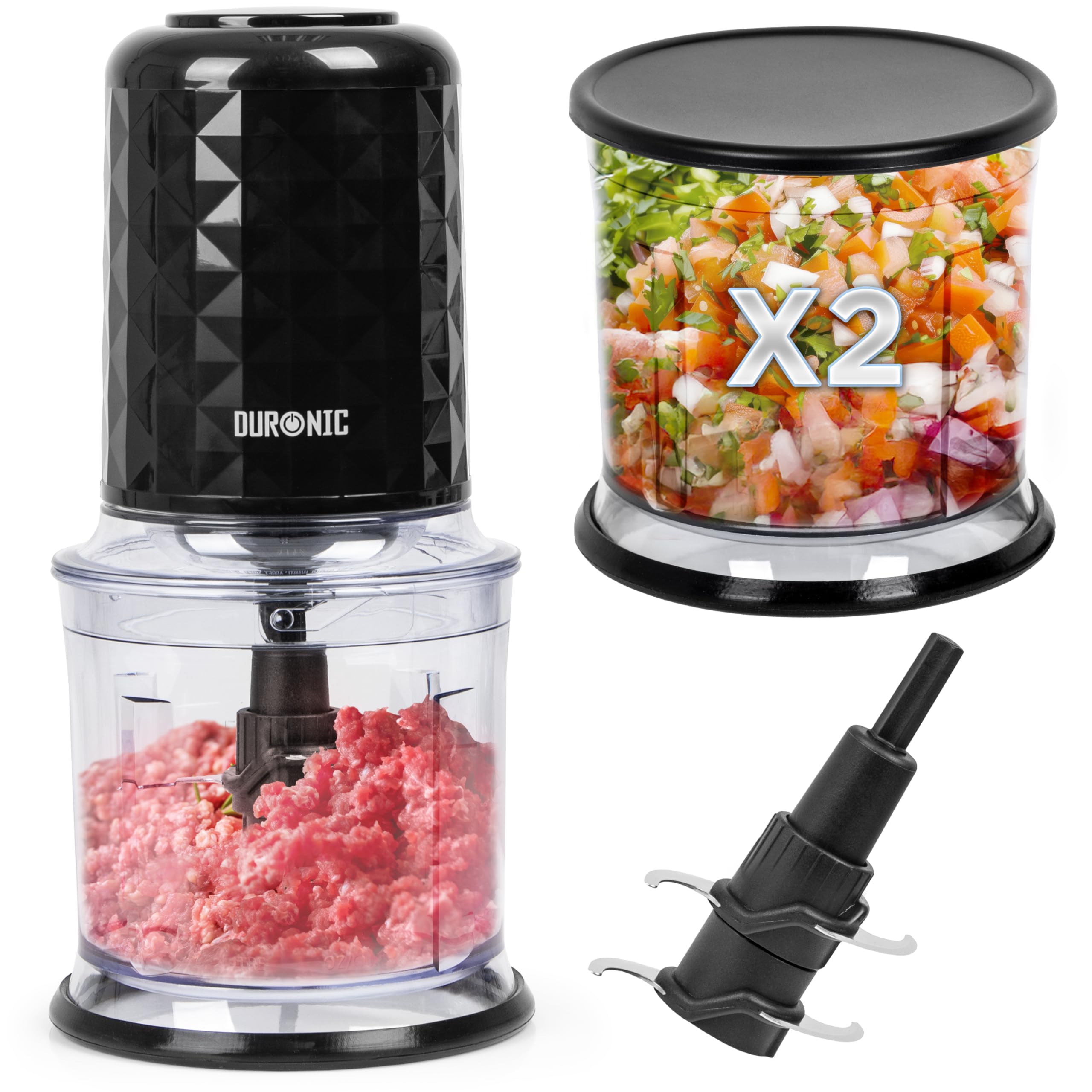 Duronic CH57 BK Mini Food Chopper, 500W Electric Food Processor, Two 700ml Bowls, Dual & Quad Stainless Steel Blades, Slicer/Dicer, Dishwasher Safe, BPA-Free, Black, for Onion, Veg, Meat, Dips, Soups