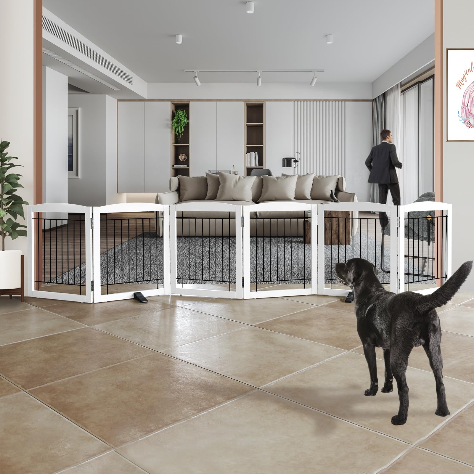 zjsf freestanding dog fence indoor, foldable dog gate for doorways, stairs or hallways, sturdy wood extra wide pet gate with support feet for the house, white, 24 "height-6 panels