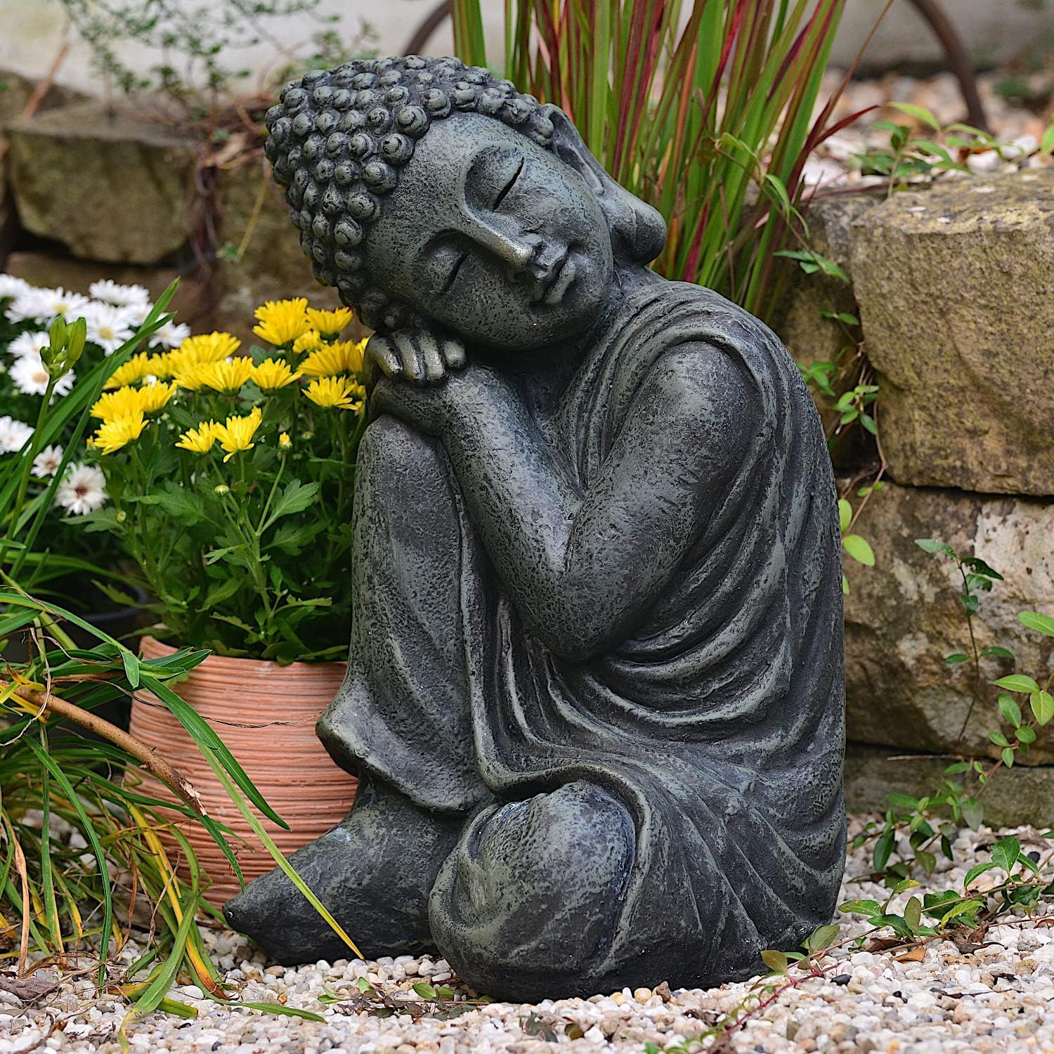 Bouddha de Jardin 44 cm Endormi – Statue Bouddha Aspect Pierre Gris – Déco Figurine Décorative pour Jardin, Terrasse & Balcon