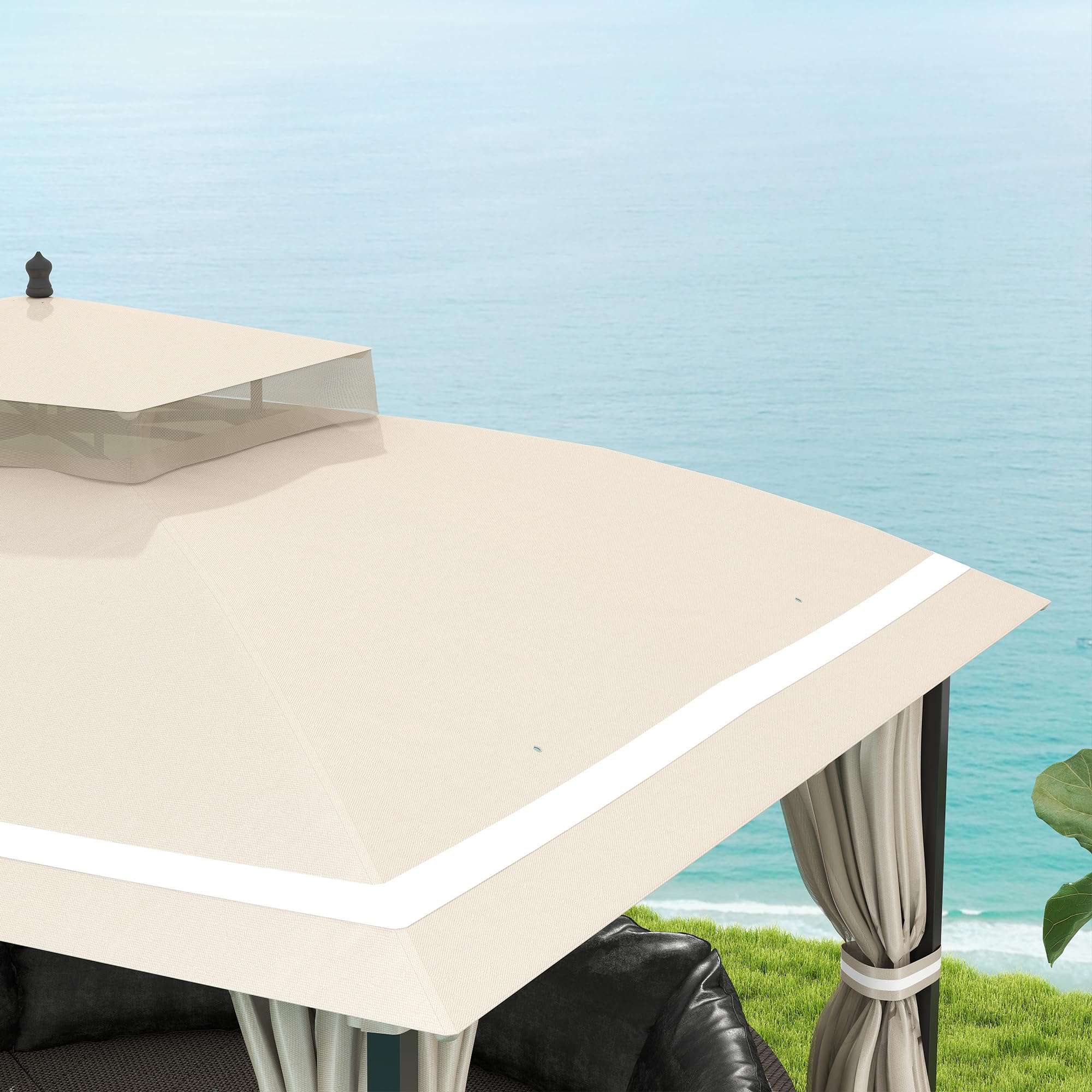 Outsunny Gazebo da Giardino 3.7x3m con Zanzariere, Doppio Tetto, Fori di Drenaggio e Pareti Laterali, Gazebo da Esterno in Metallo e Poliestere, per Giardino, Feste, Campeggio, Protezione UV, Beige