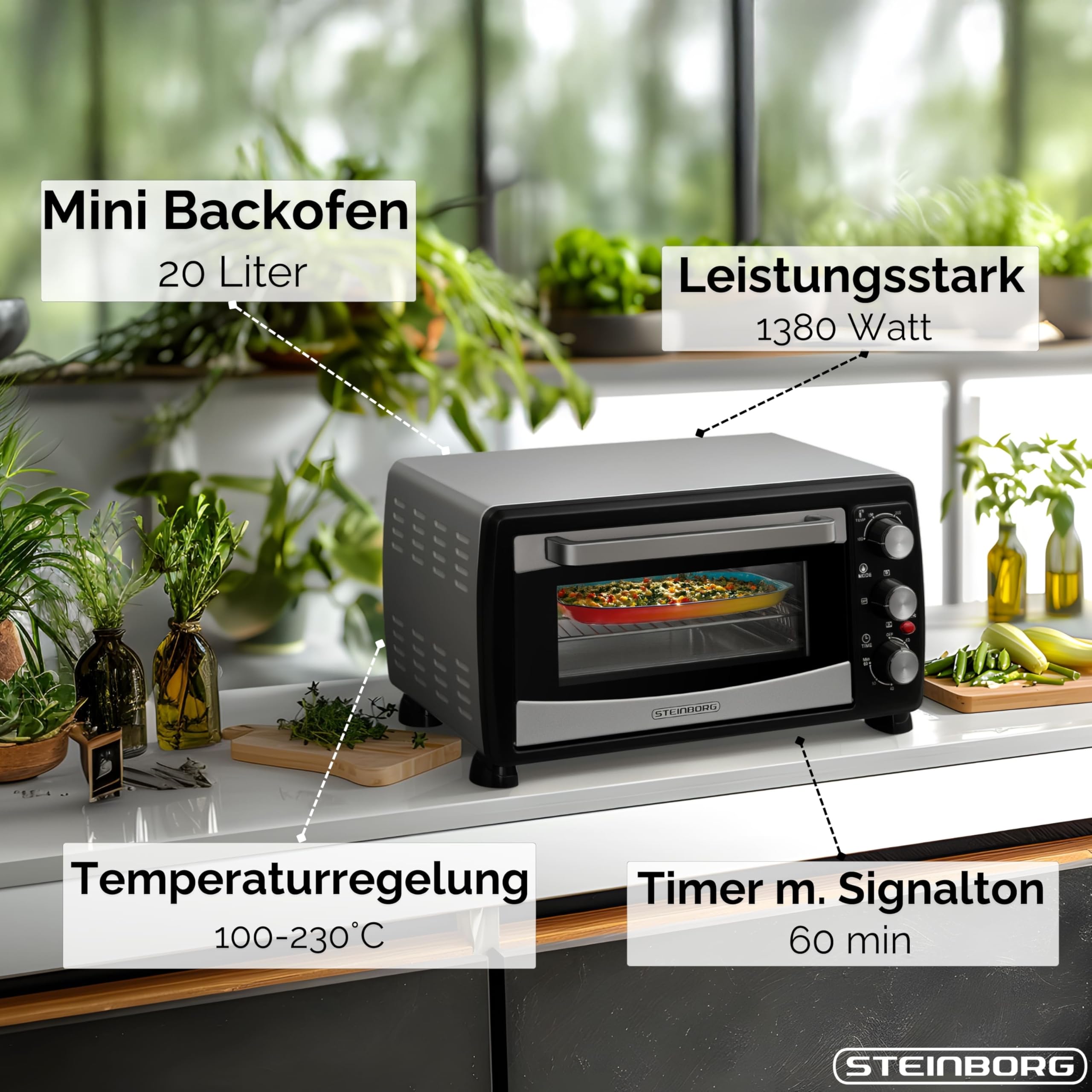 Steinborg Mini piekarnik konwekcyjny, 20 l, piec do pizzy, konwekcja, grzanie górne i dolne, 1400 W, mini piekarnik z timerem, mały piec kempingowy lub