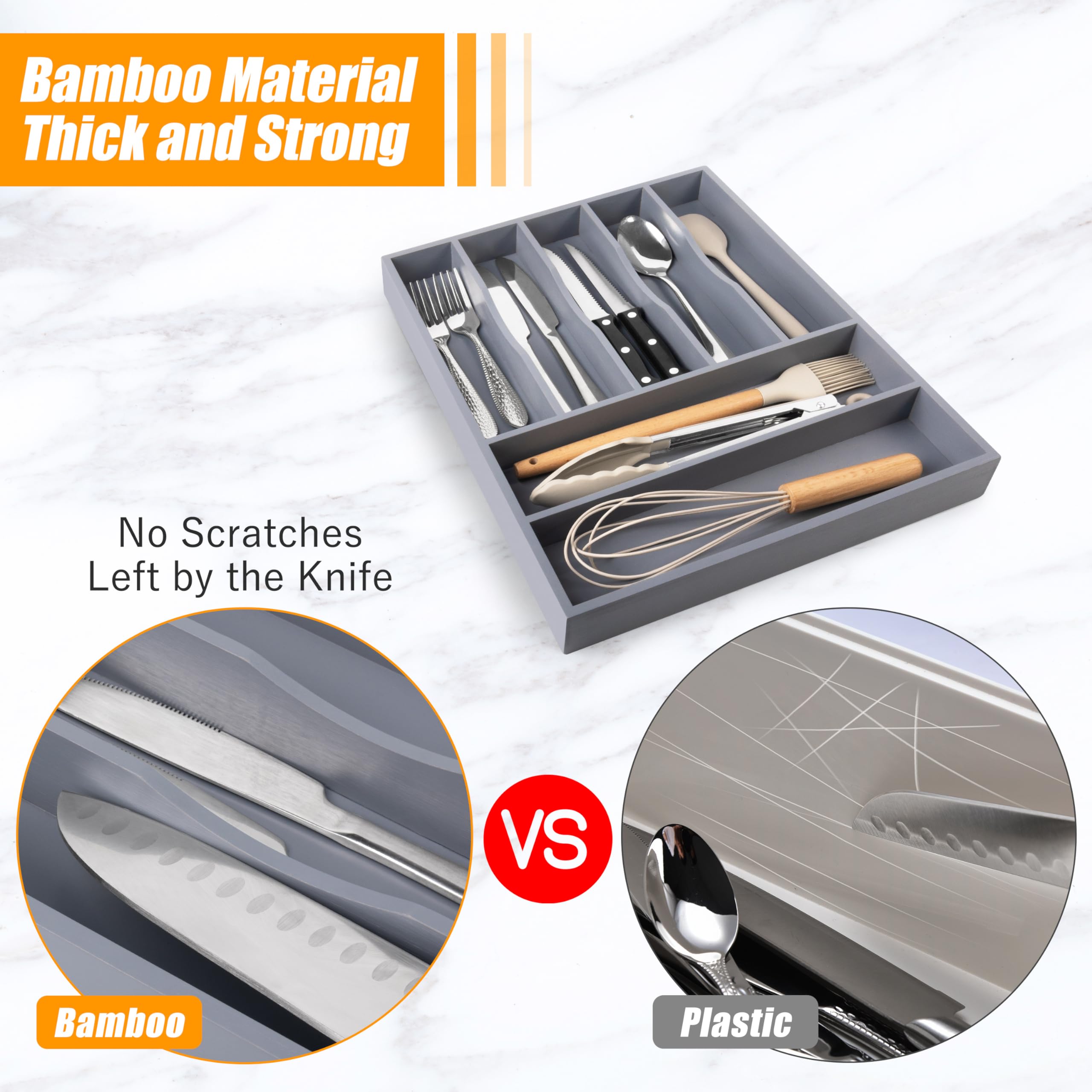 Bellsal Organizer per cassetti in bambù, portaposate con divisori scanalati, per posate, camera da letto, ufficio (7 scomparti, grigio)