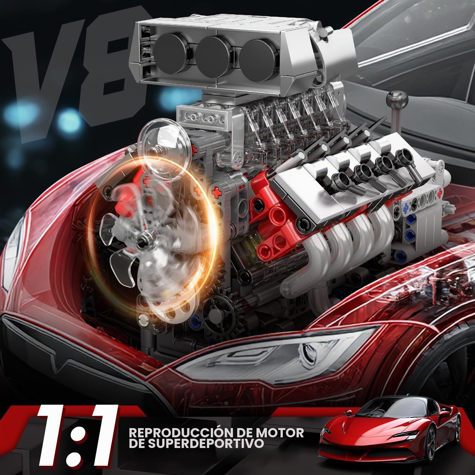 Mould King 10225 Tecnología V8 Motor y Engranaje Bloques de Abrazadera, STEM 855+ Piezas Bloques de Modelo de Motor con Motor, MOC Auto Engine Modelo Juguetes para Adolescentes/Adultos Colección