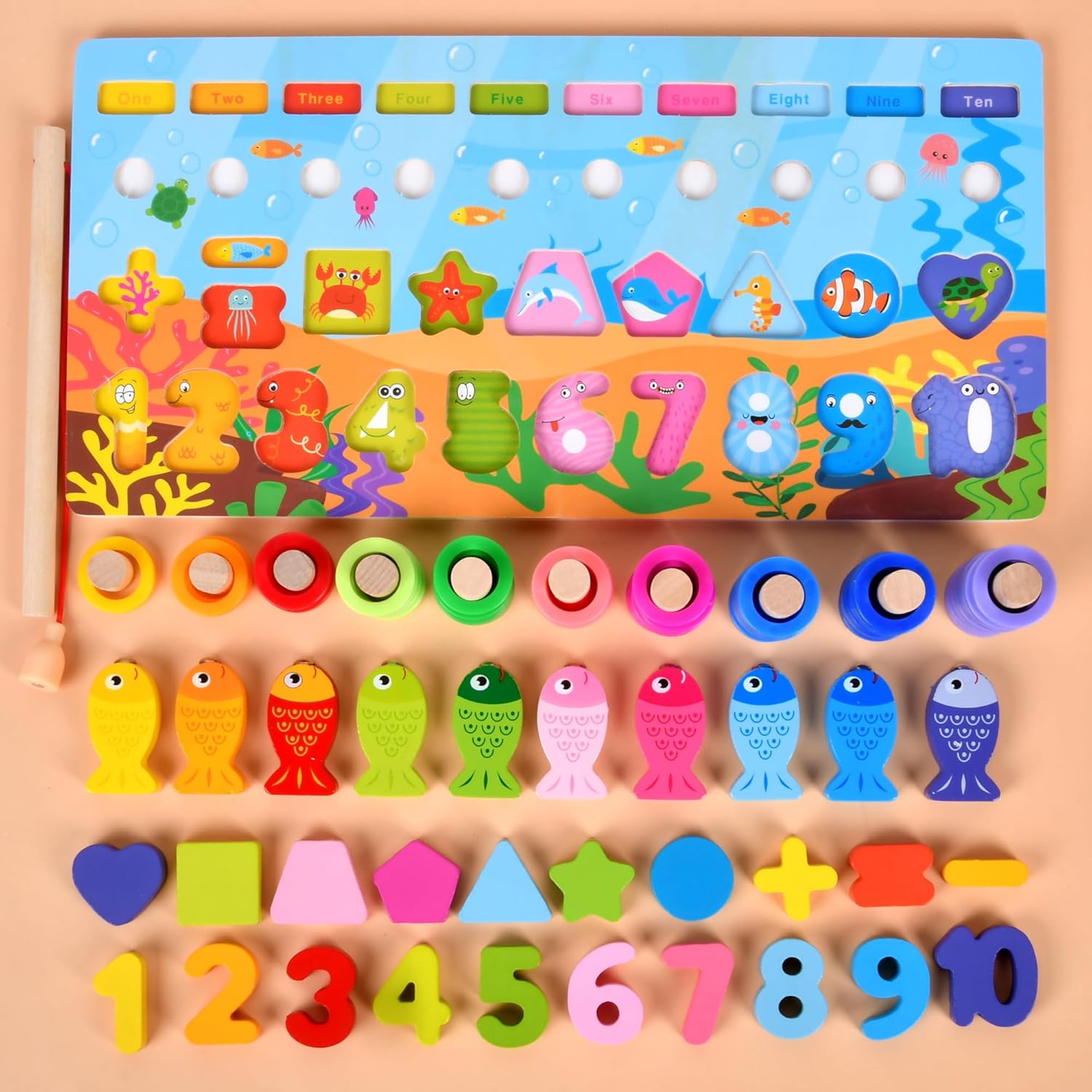 Wooden alphanumeric Shapes Jigsaw Ring Count Classification Toys Math Shapes Building Blocks Toddler Learning Playboard Math Fishing Educational Toys Montessori Educational (color3)