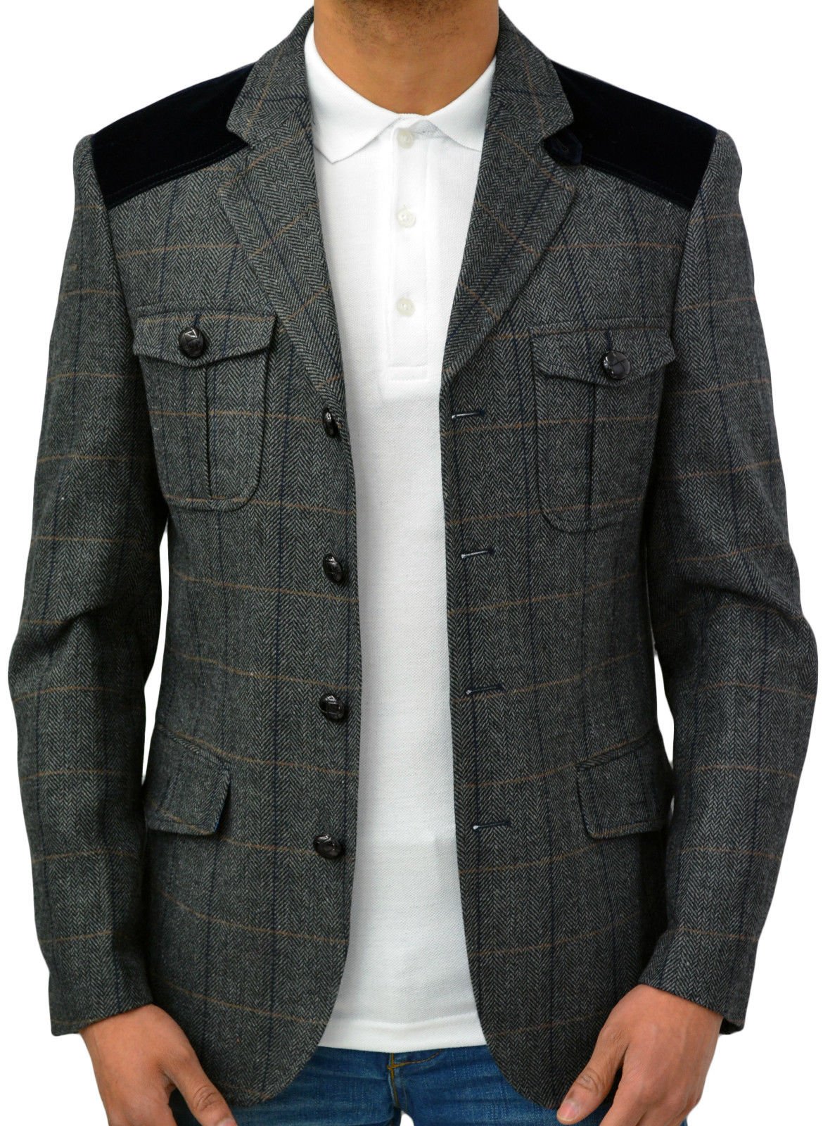 Designer Marc Darcy Men's Regular Fit Checkered Blazer Jacket Paddy Charcoal