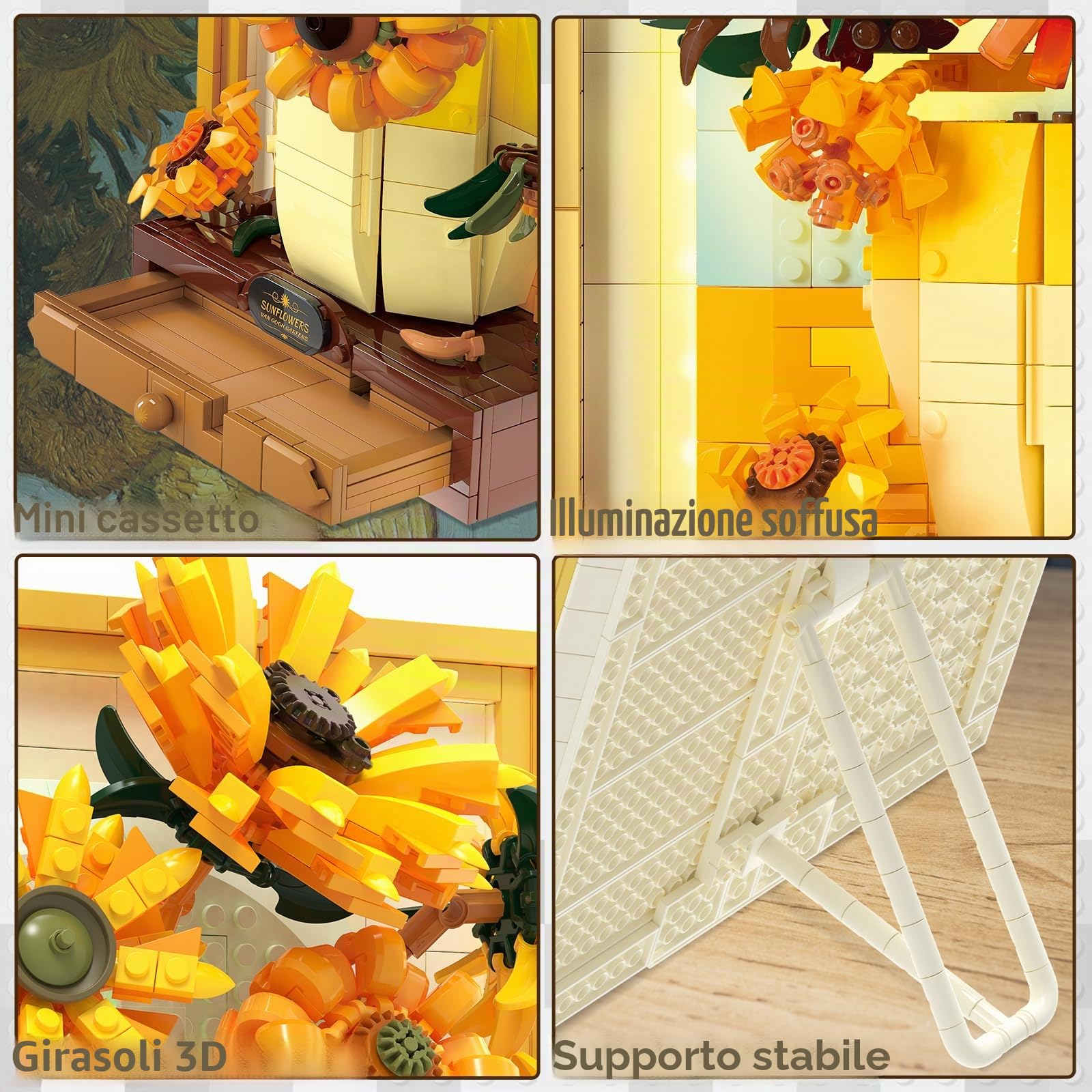 JMBricklayer Set da costruzione con girasole fiori per adulti con luci 70004, Van Gogh Wall Art Crafts Idee Bouquet di fiori, cornice per decorazione della stanza, idee regalo di compleanno per donne