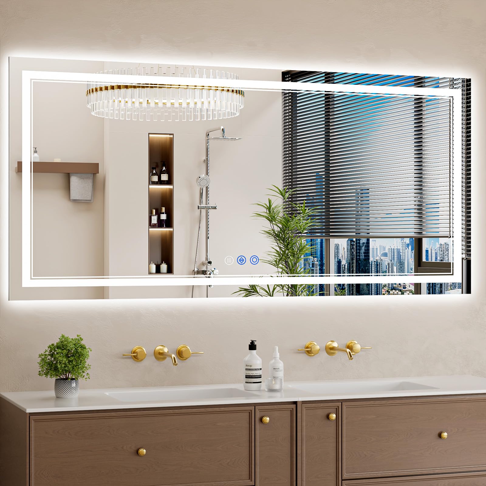 28"x60" led bathroom mirror with lights, anti-fog, backlit + front lit, dimmable, led vanity mirror for wall, lighted bathroom mirror, 3 colors, shatter-proof tempered glass