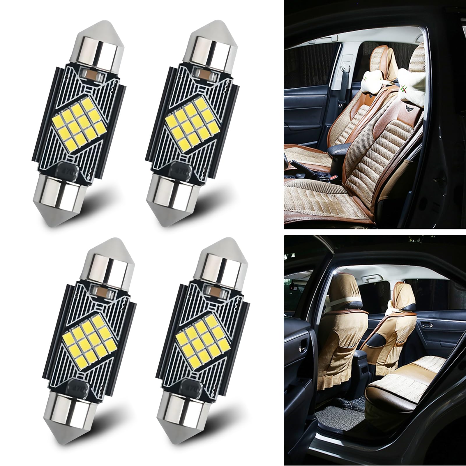 4 PCS Car LED Double Tip Reading Light, 13mm x 36mm 2016-12SMD Metal + PC Board 180 Degree Lighting Roof Light Car Interior Light, Lighting Replacement Accessory, for Most Car Models (White)